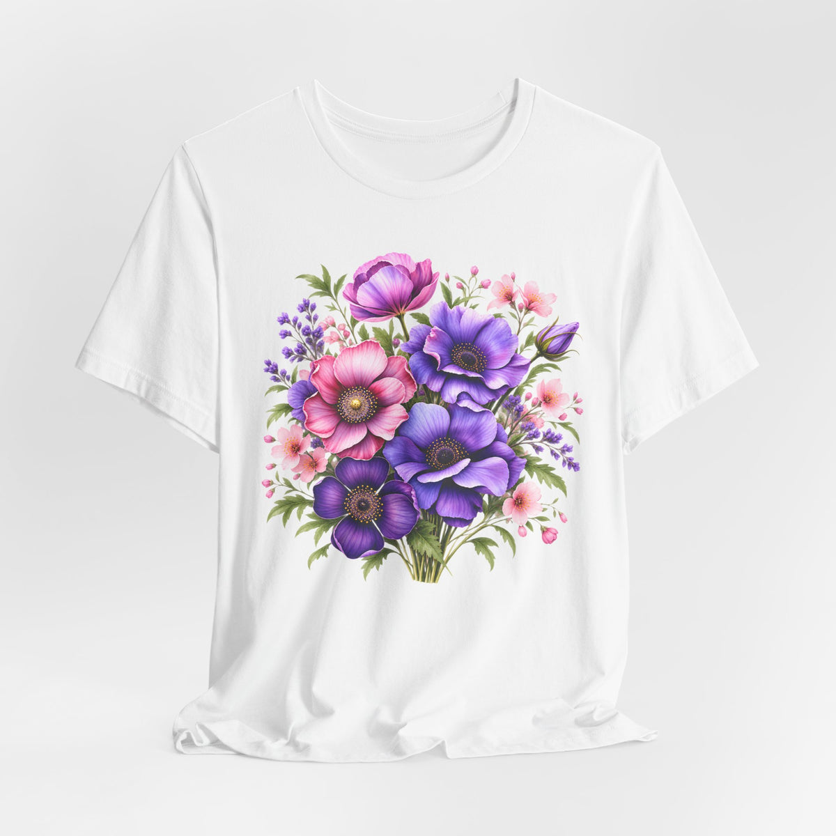 Purple & Pink Floral Bouquet T-Shirt, Colorful Botanical Flower Tee - 14537