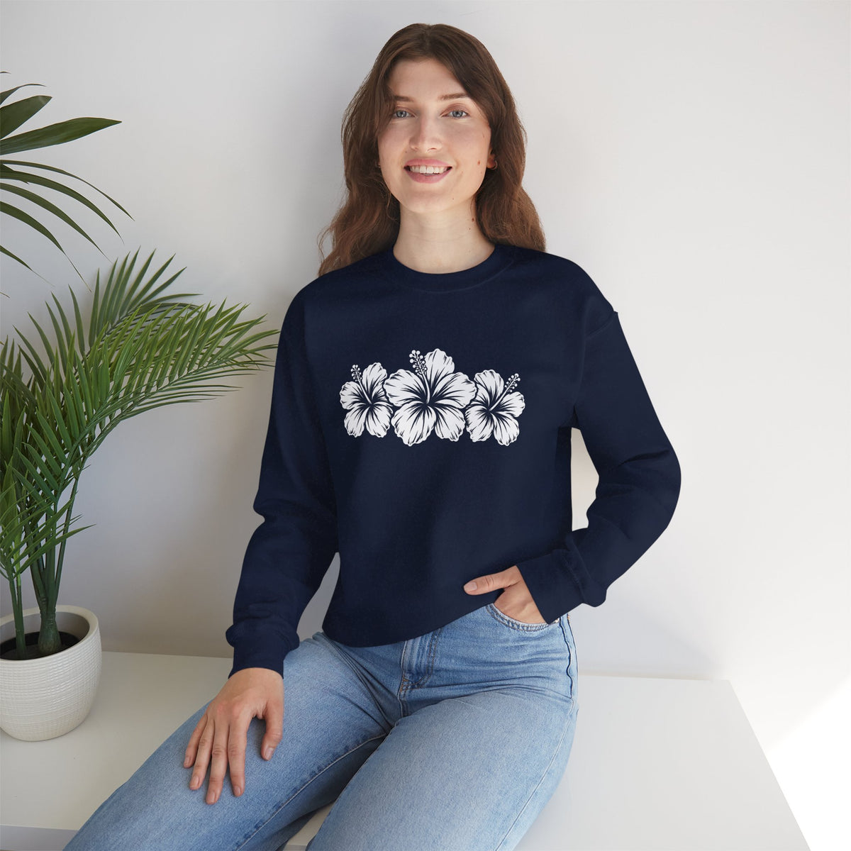 Hibiscus Floral Crewneck Sweatshirt,  Tropical Flower Graphic - 14996
