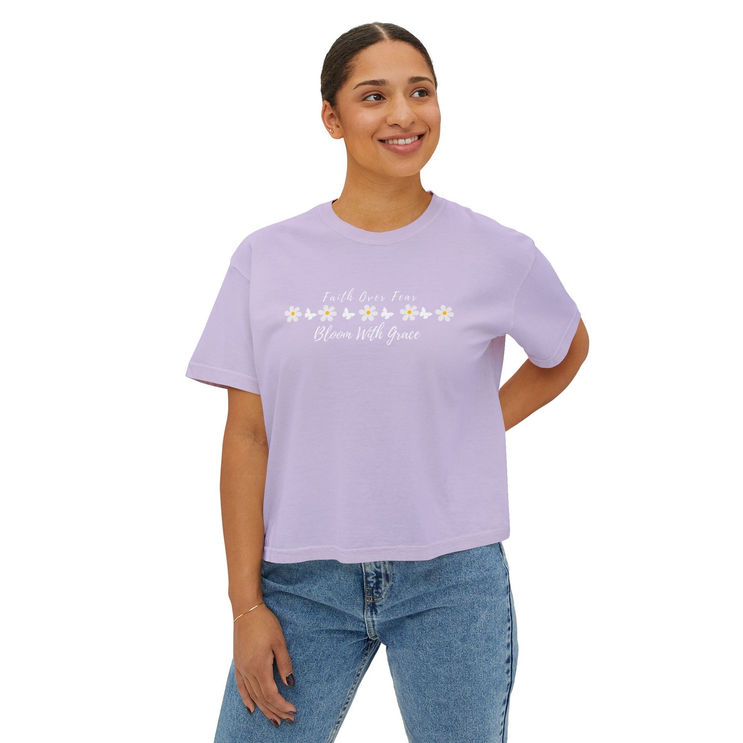 Faith Over Fear Floral Boxy Tee, “Bloom With Grace” Christian Crop Shirt - 14950