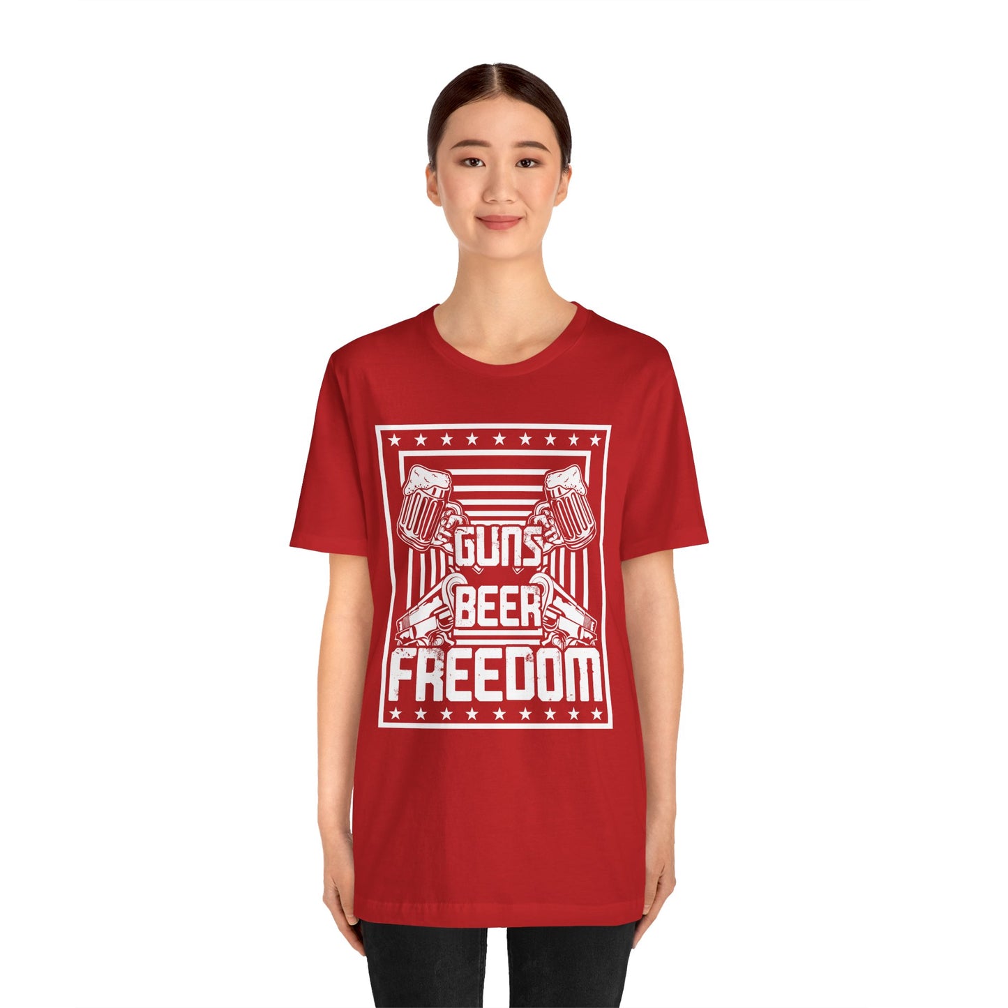 4th of July, Guns Beer Freedom Unisex Tee, Casual Shirt, Patriotic Apparel, Gift for Him, Party Tee, Everyday Wear - 13598