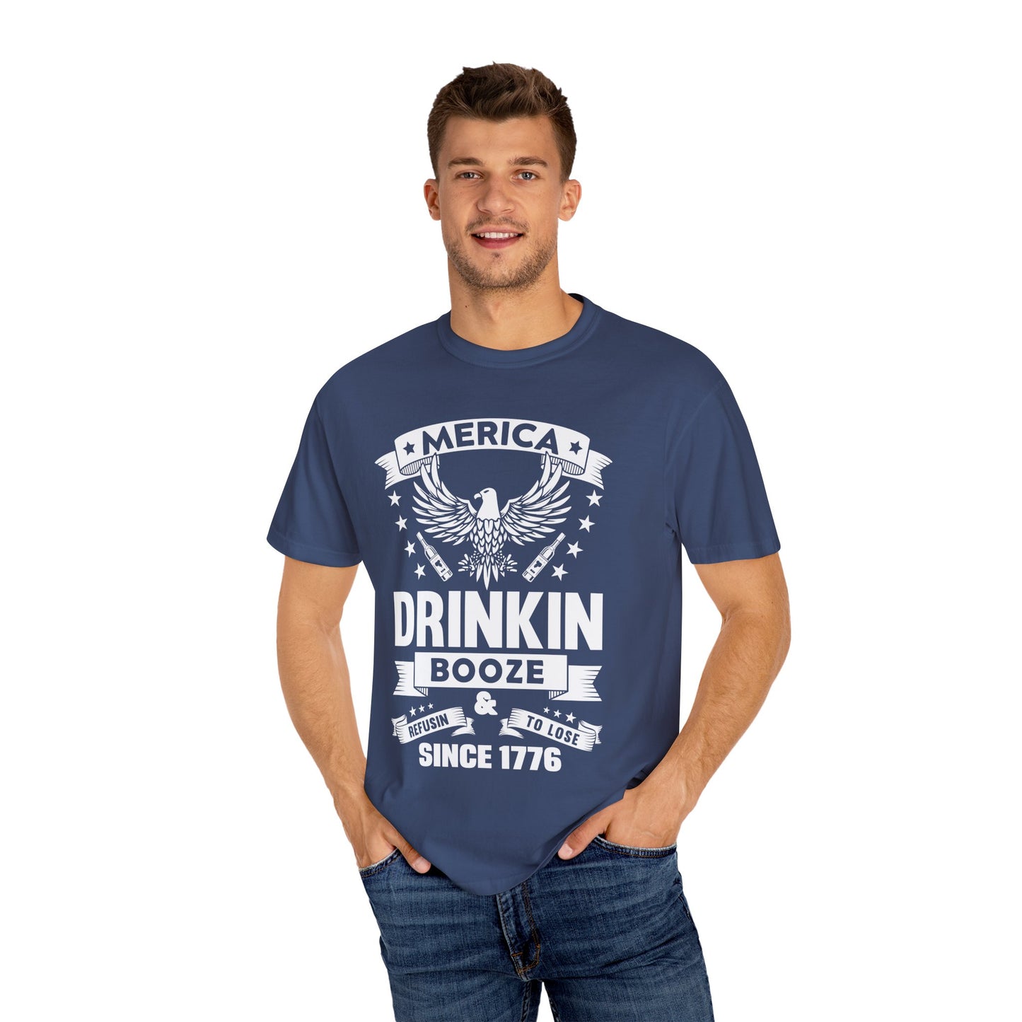 Patriotic Graphic Tee, Unisex Vintage T-shirt, Amerca Drinking Booze Shirt, Independence Day Gift, Casual Wear, Freedom Fashion - 13788