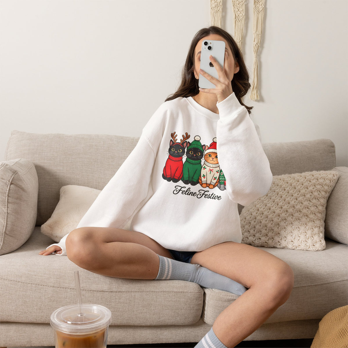 Feline Festive Sweatshirt, Cute Christmas Cats Crewneck - 14564