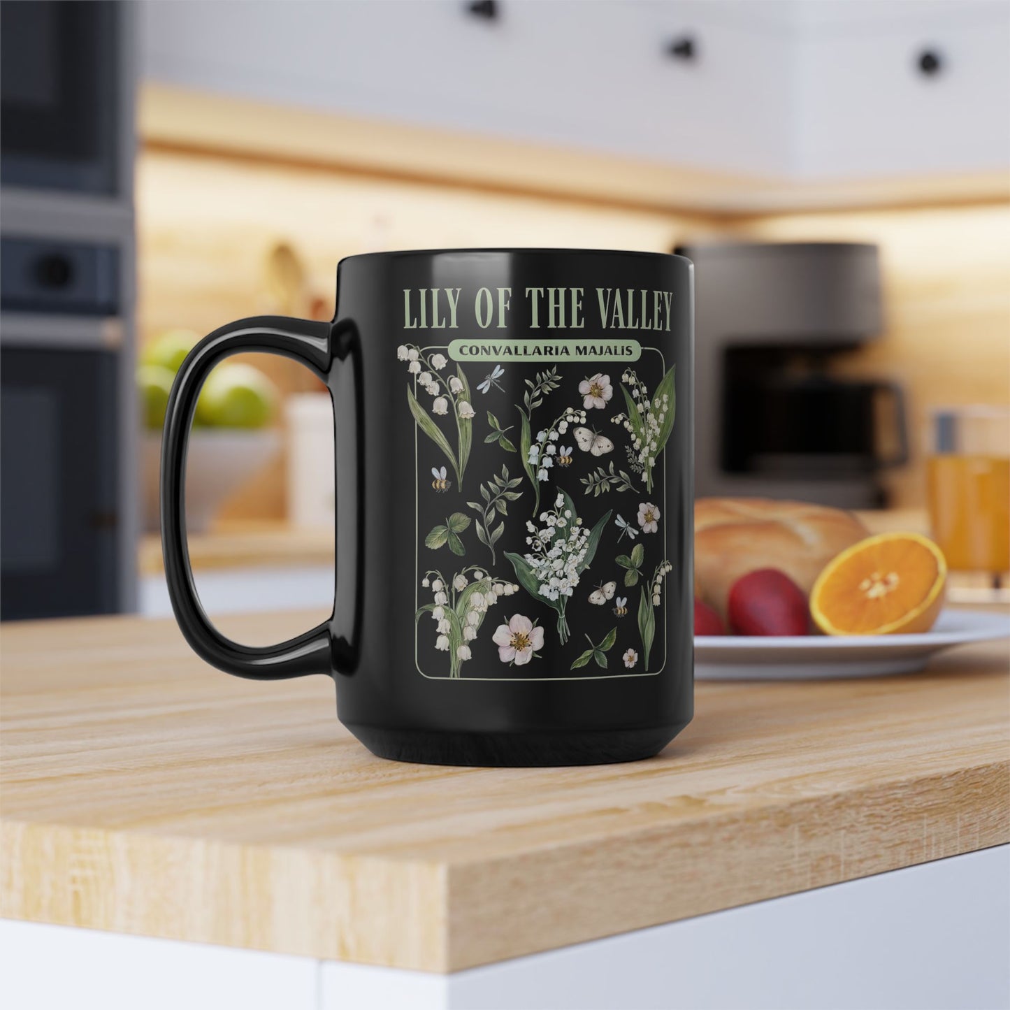 May Birth Flower Mug – Lily of the Valley Black Ceramic Coffee Cup (11oz, 15oz) - 11887