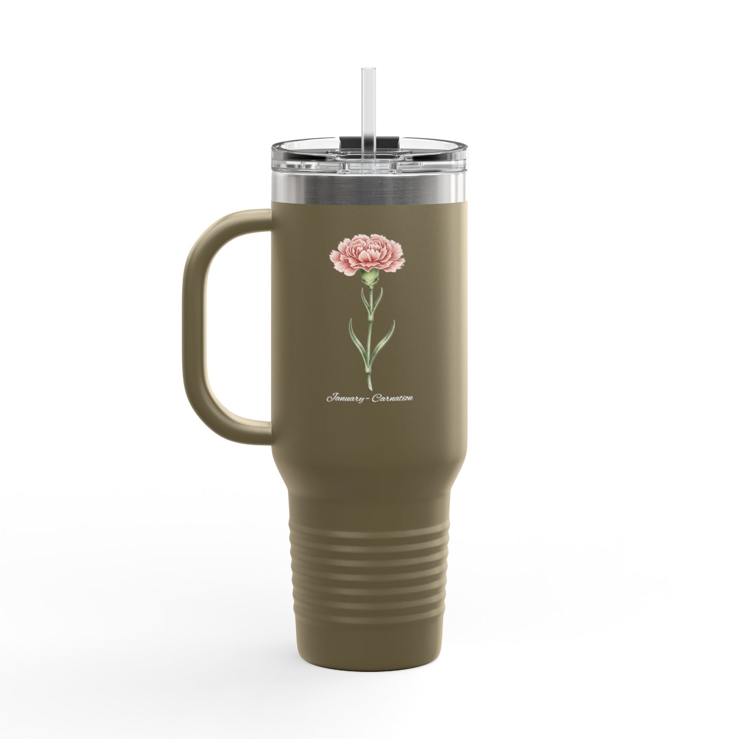 Carnation Floral Tumbler – January Birth Flower Gift | 40oz Insulated Travel Mug, Customizable — 14667