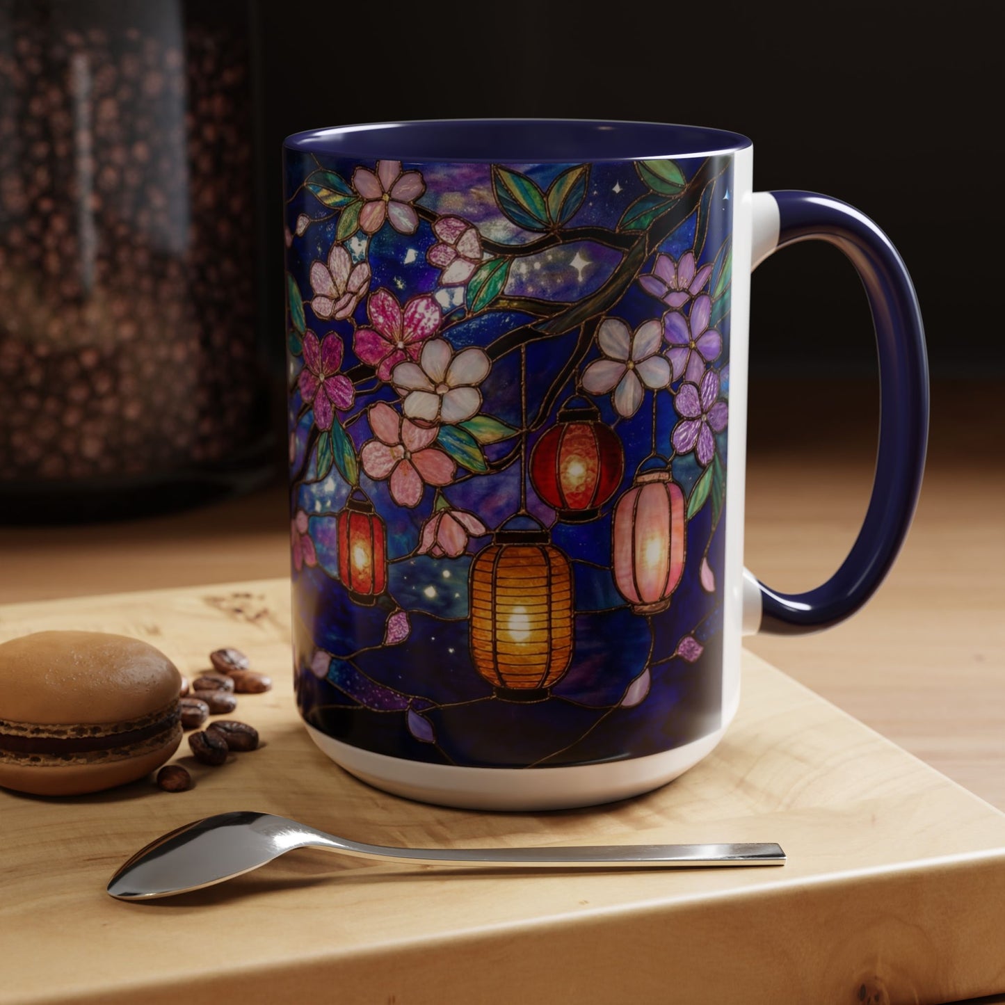 Cherry Blossom Lantern Coffee Mug — Floral Night Sky, Stained Glass Design (11/15 oz) - 14533
