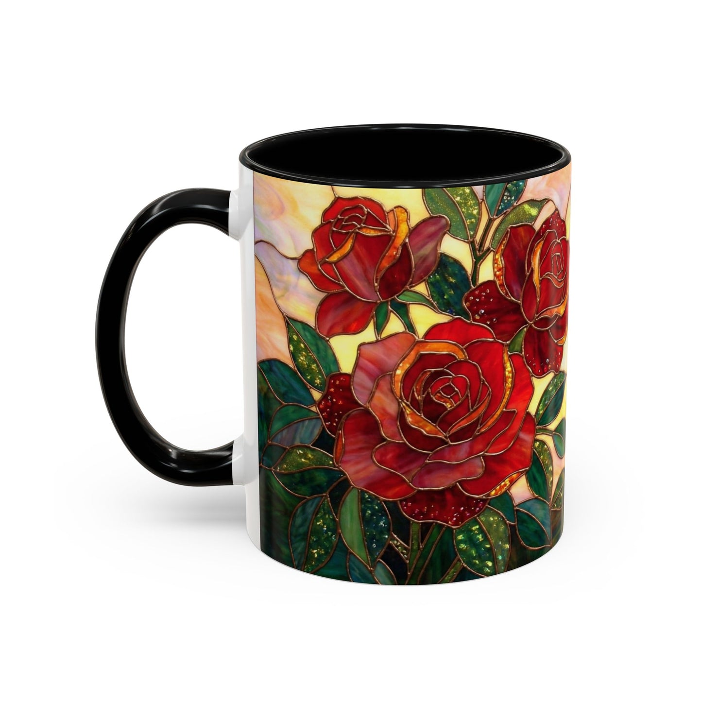 Rose Stained Glass Accent Coffee Mug – Red Roses Floral 11/15oz - 14539
