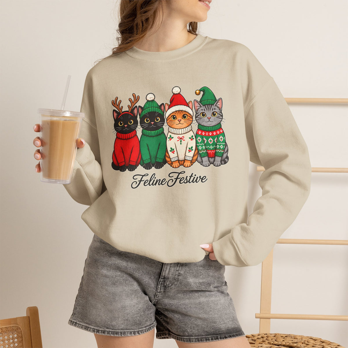 Feline Festive Sweatshirt, Cute Christmas Cats Crewneck - 14564