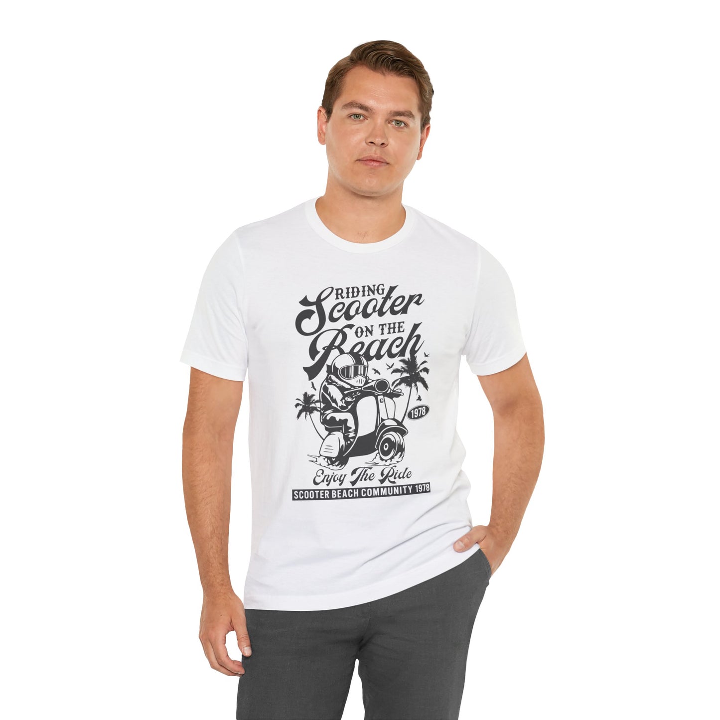 Riding Scooter on the Beach, Enjoy the Ride - Unisex Jersey Short Sleeve Tee