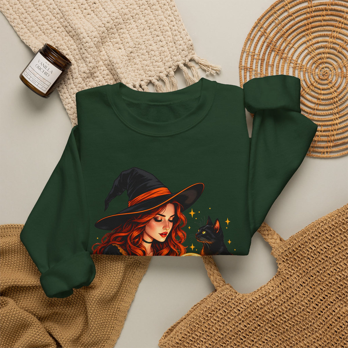 Witch Tarot Crewneck Sweatshirt, Mystic Fortune Teller & Black Cat Design - 14504