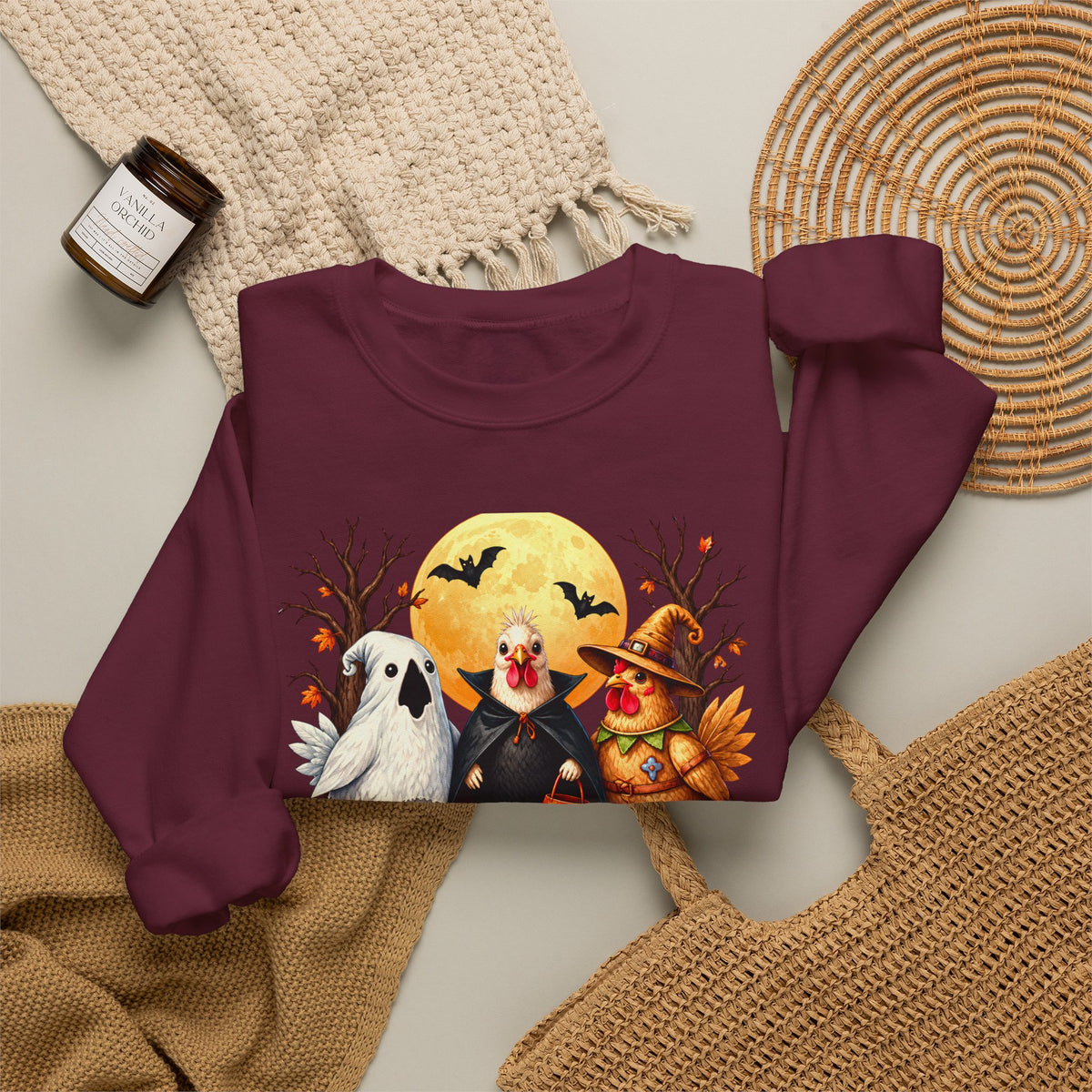 Trick or Tweet Halloween Sweatshirt, Cute Costume Chickens & Ghost Crewneck- 14512