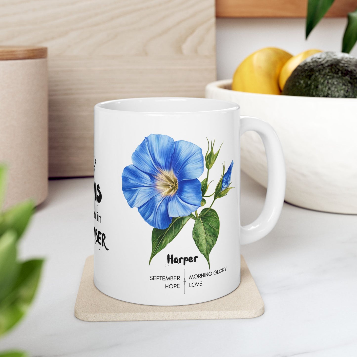 Happy Birthday: Queens Are Born In September, Morning Glory Flower, Customizable - Ceramic Mug, (11oz, 15oz)