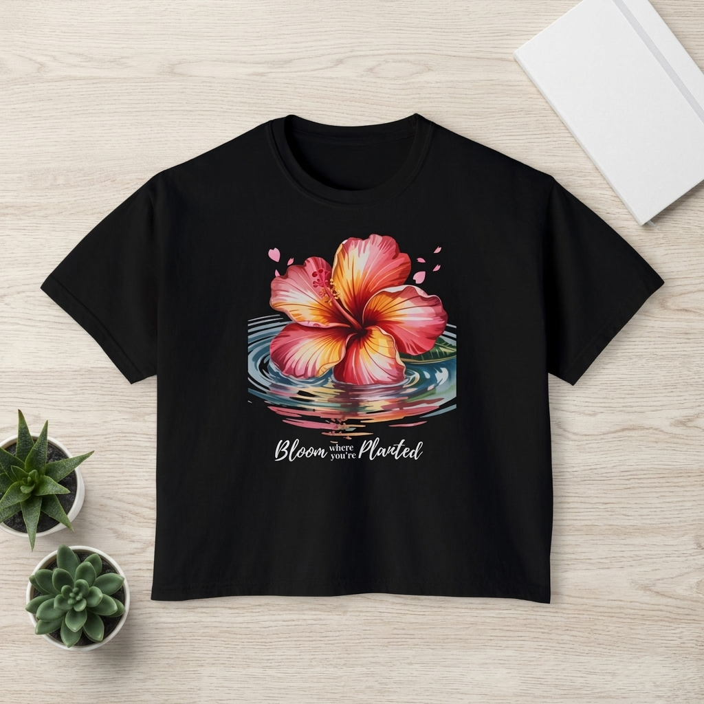 Bloom Where You’re Planted Hibiscus Boxy Tee, Tropical Floral T-Shirt - 14924
