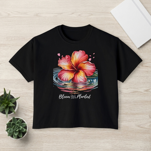 Bloom Where You’re Planted Hibiscus Boxy Tee, Tropical Floral T-Shirt - 14924