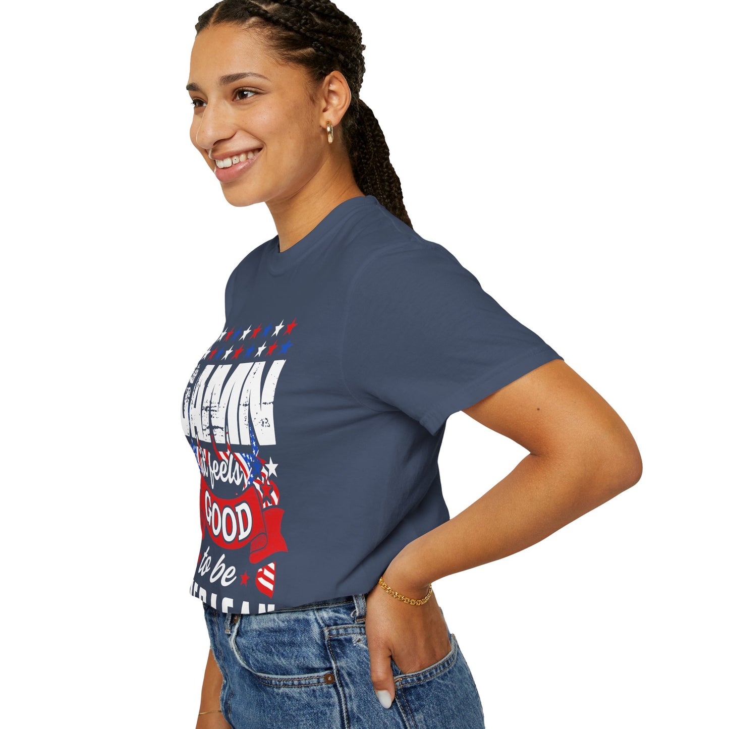 Patriotic T-Shirt with 'Damn it feels Good to be American' Design, Great for 4th of July, BBQs, and Casual Outings, Unisex Top - 13600