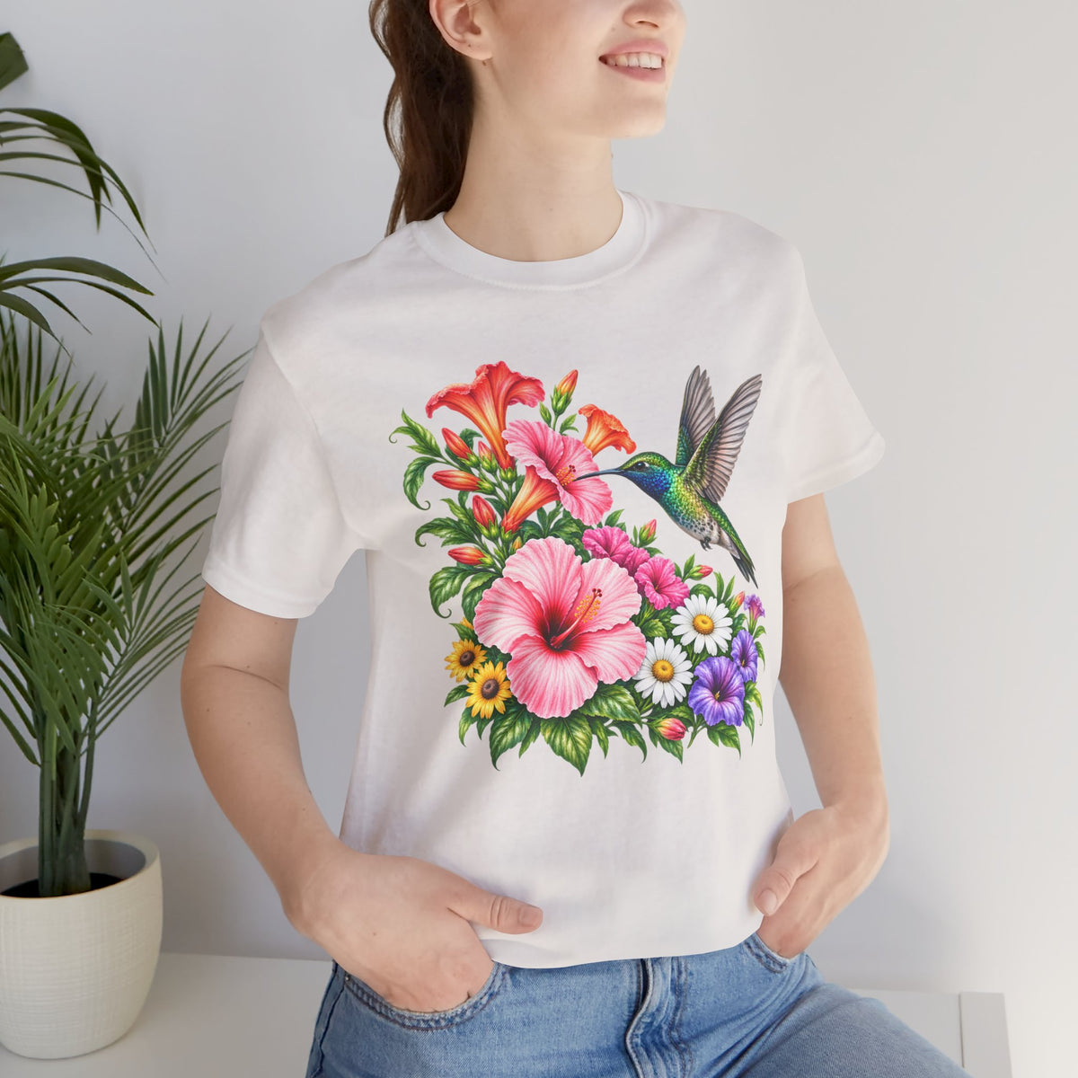 Hummingbird & Hibiscus T-Shirt, Colorful Tropical Floral Garden Tee - 14542
