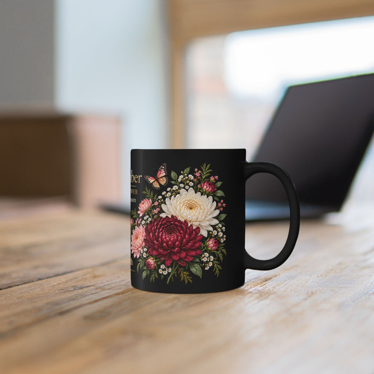 November Chrysanthemum Birth Flower Mug, Personalized Black Floral Mug - 14546