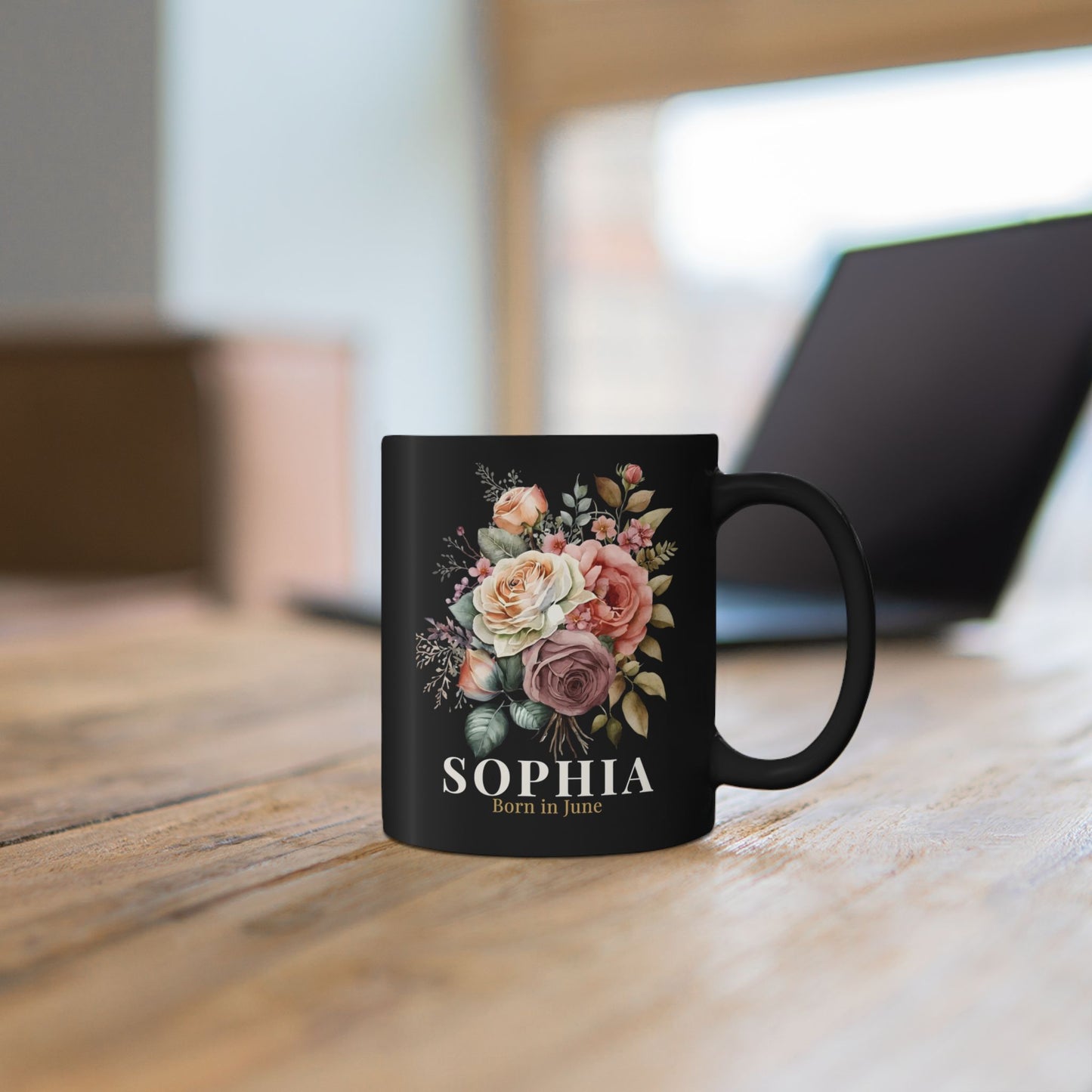 Custom Born in June Mug – Personalized June Birthday Floral Rose Coffee Cup, Black Ceramic Mug 11oz 15oz - 14894