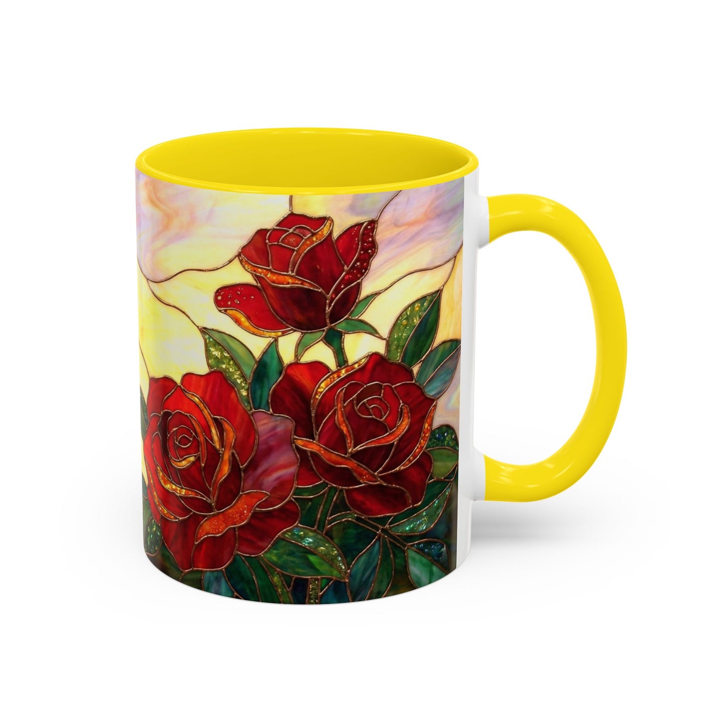 Rose Stained Glass Accent Coffee Mug – Red Roses Floral 11/15oz - 14539
