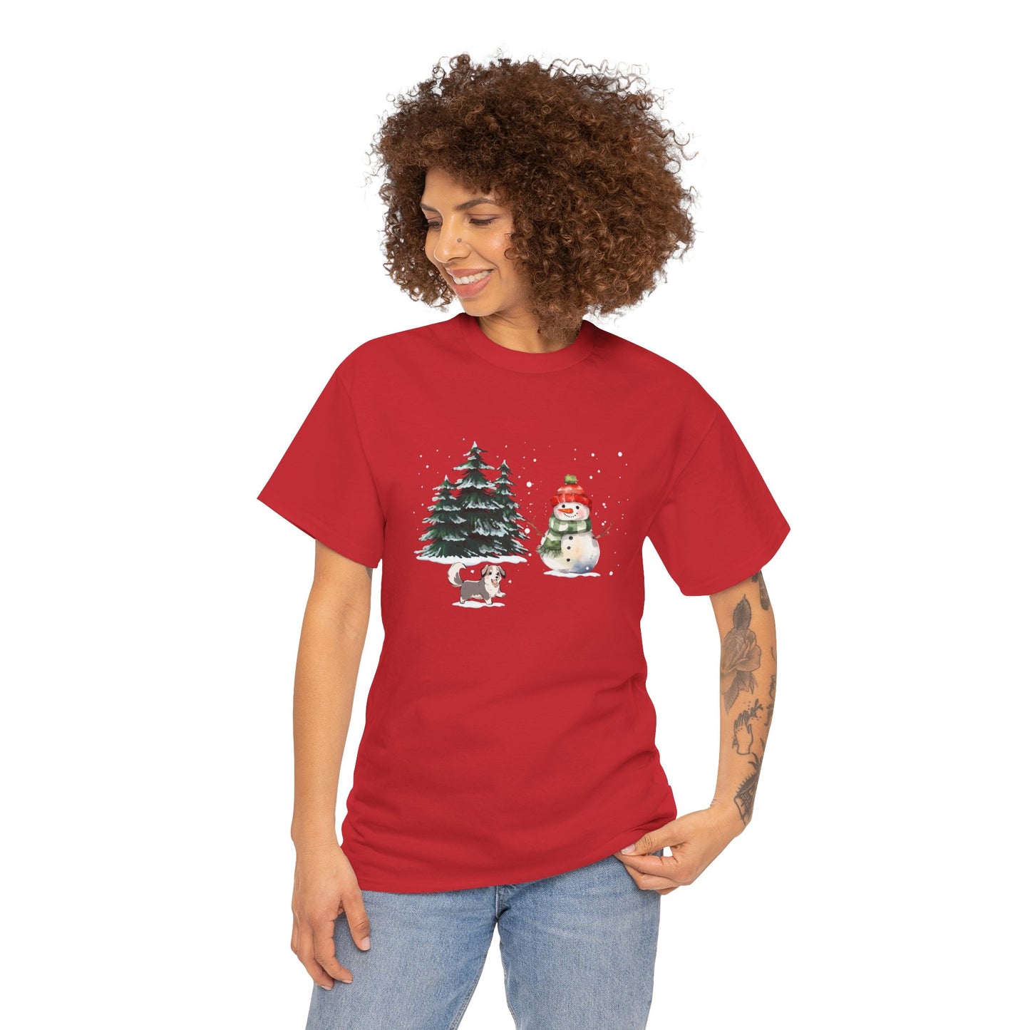 Winter Trees, Snowman & Puppy - Unisex Heavy Cotton Tee - 10278