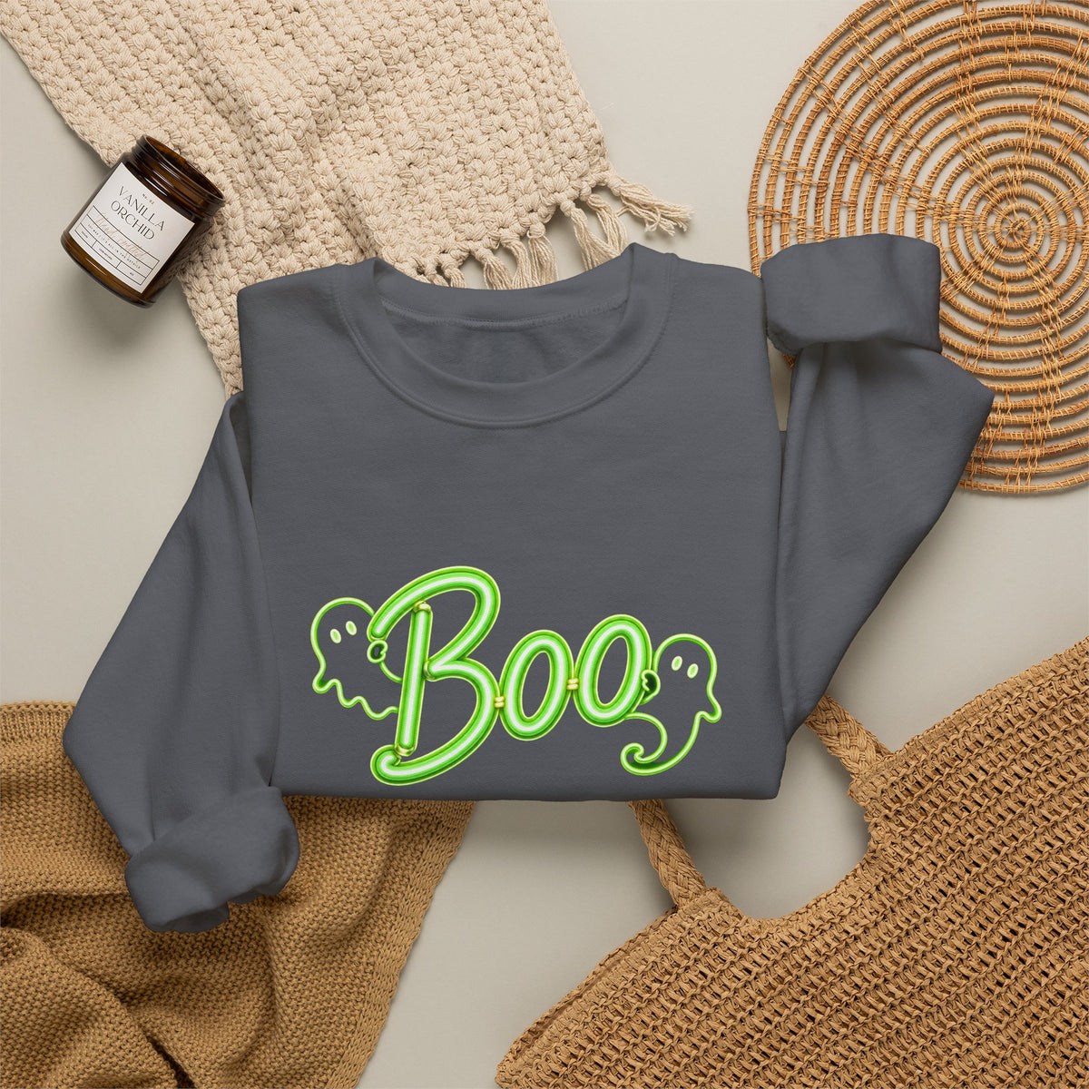 Neon Boo Halloween Sweatshirt, Cute Ghost Crewneck - 14517