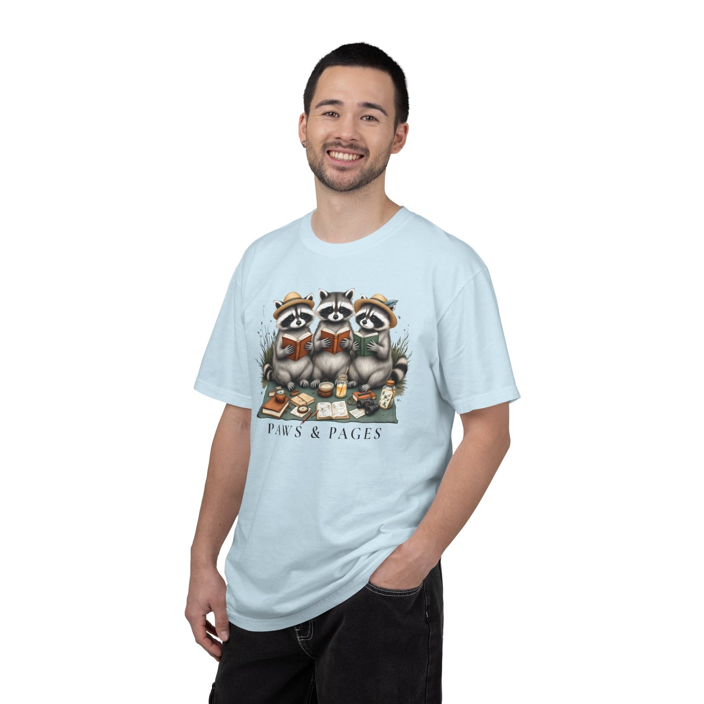 Paws & Pages Raccoon Reading T-Shirt – Cute Book Lover Graphic Tee, Cozy Reader Gift Shirt - 14816