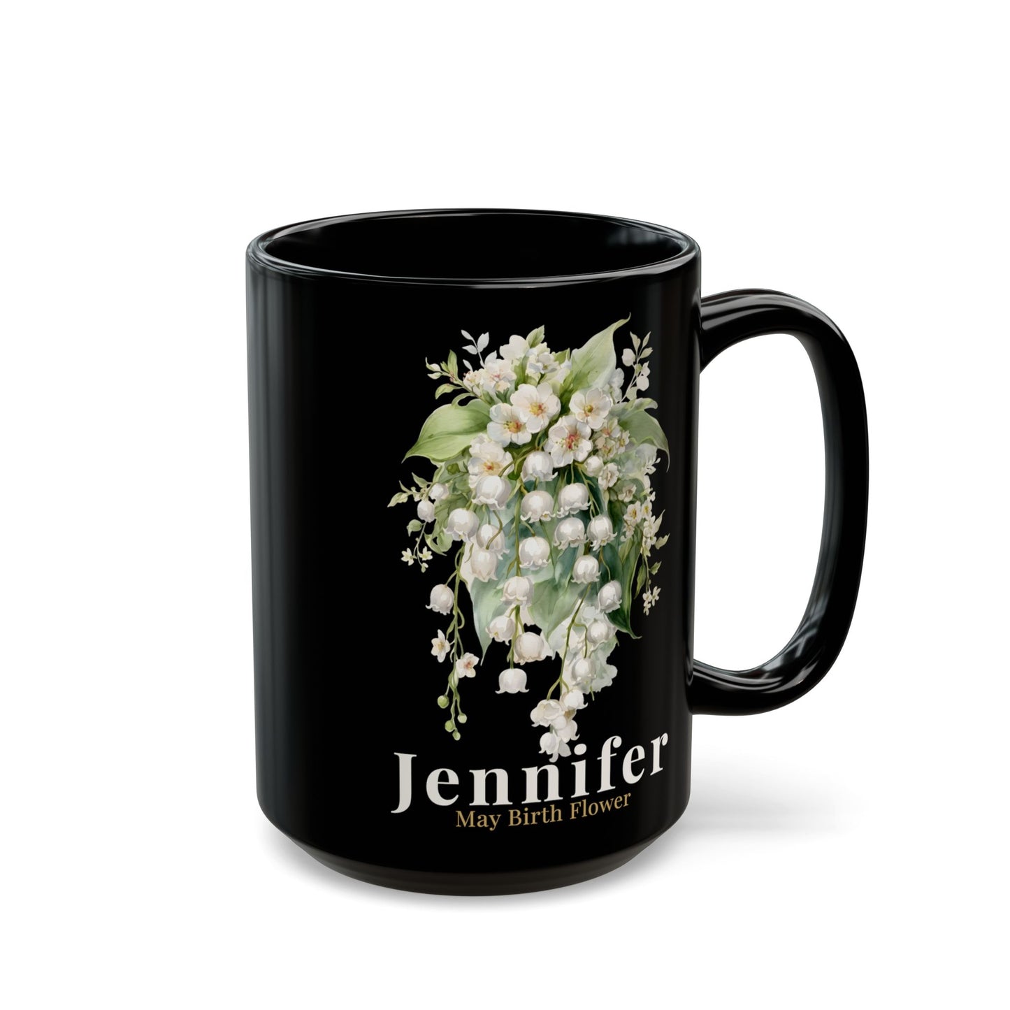 Custom Name May Birth Flower Mug – Lily of the Valley Personalized 15oz Black Mug Gift for Her - 14885