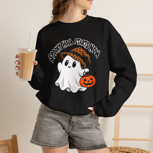 Spooky Hour Starts Now Sweatshirt, Cute Halloween Ghost Crewneck - 14536