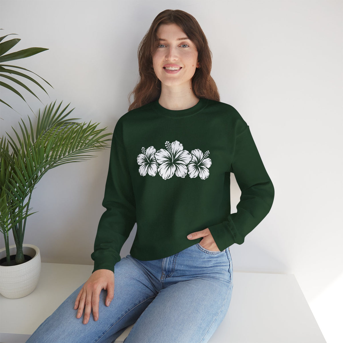 Hibiscus Floral Crewneck Sweatshirt,  Tropical Flower Graphic - 14996