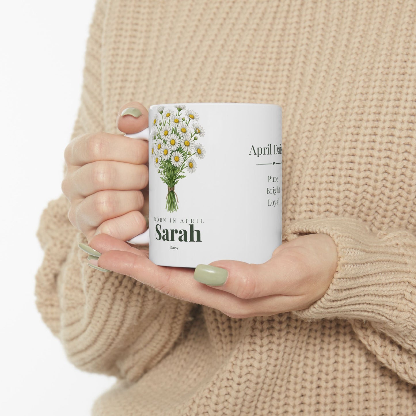 Personalized April Daisy Birth Flower Mug – Custom Name Floral Coffee Cup, "Pure Bright Loyal" Birthday Gift (11oz, 15oz)  - 14832