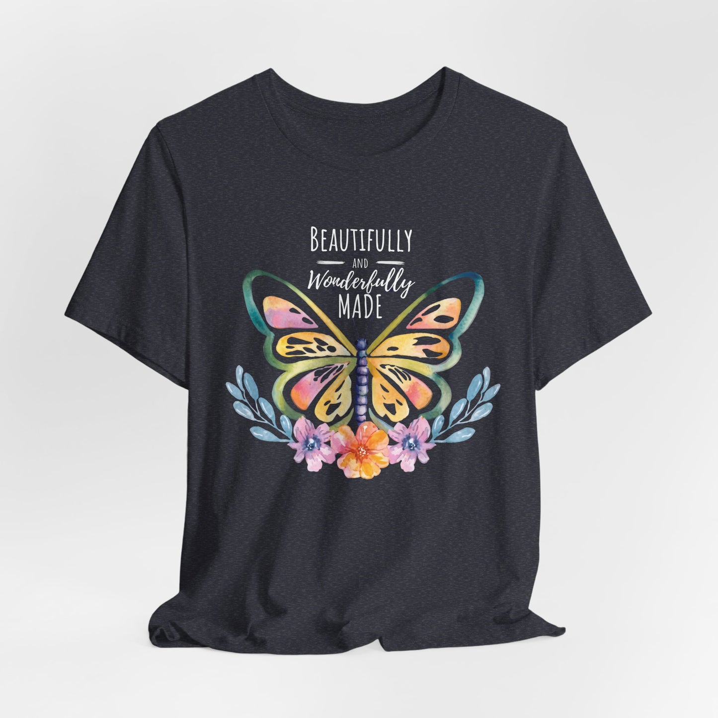 Beautifully & Wonderfully Made Butterfly T-Shirt, Inspirational Floral Graphic Tee - 14954