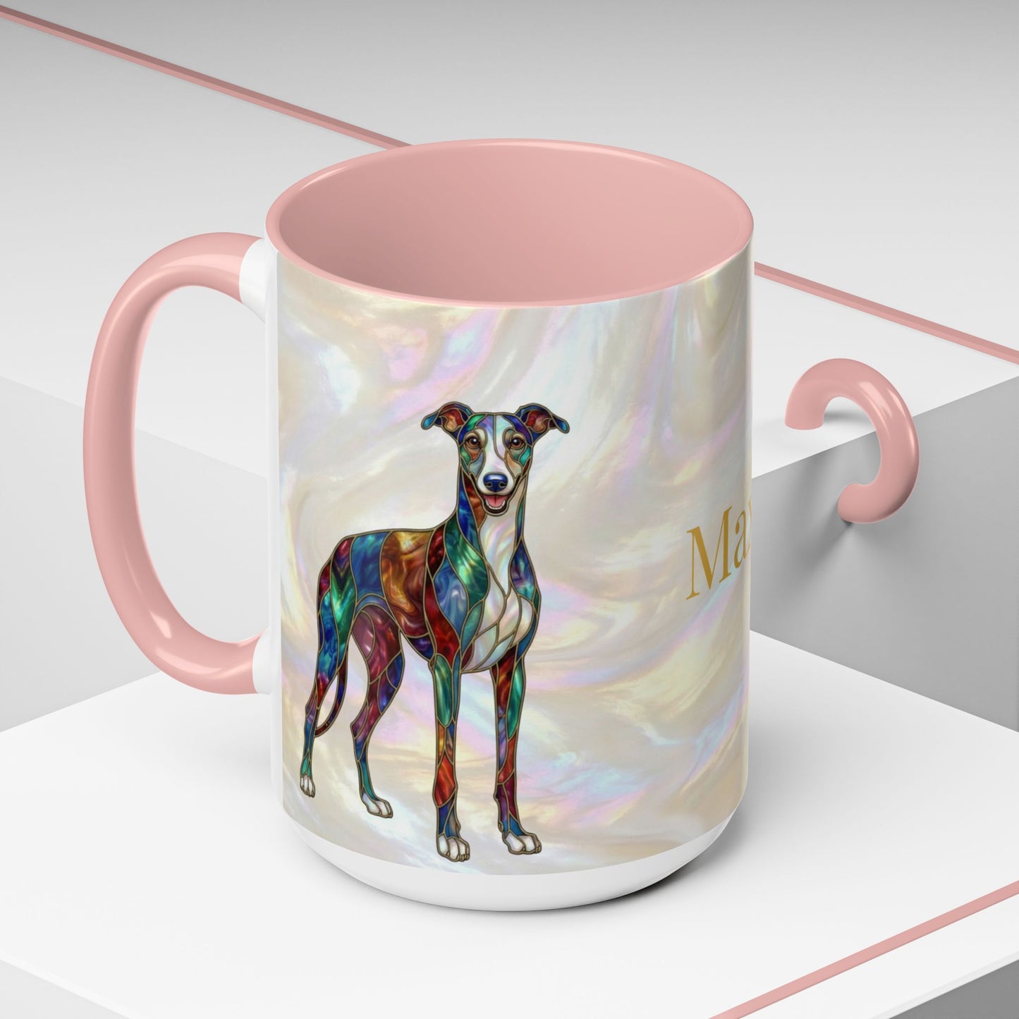 Personalized Greyhound Coffee Mug – Stained Glass Dog Accent Mug (Name Customizable)  - 14523