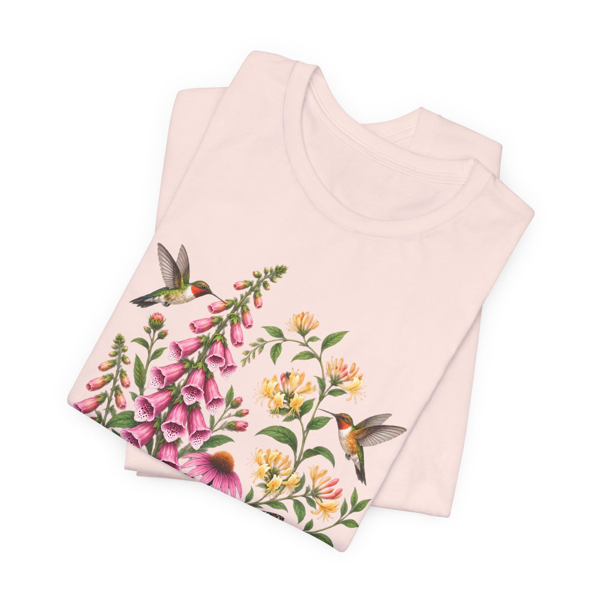 Floral Hummingbird Garden T-Shirt, Wildflower & Butterfly Botanical Tee - 14547
