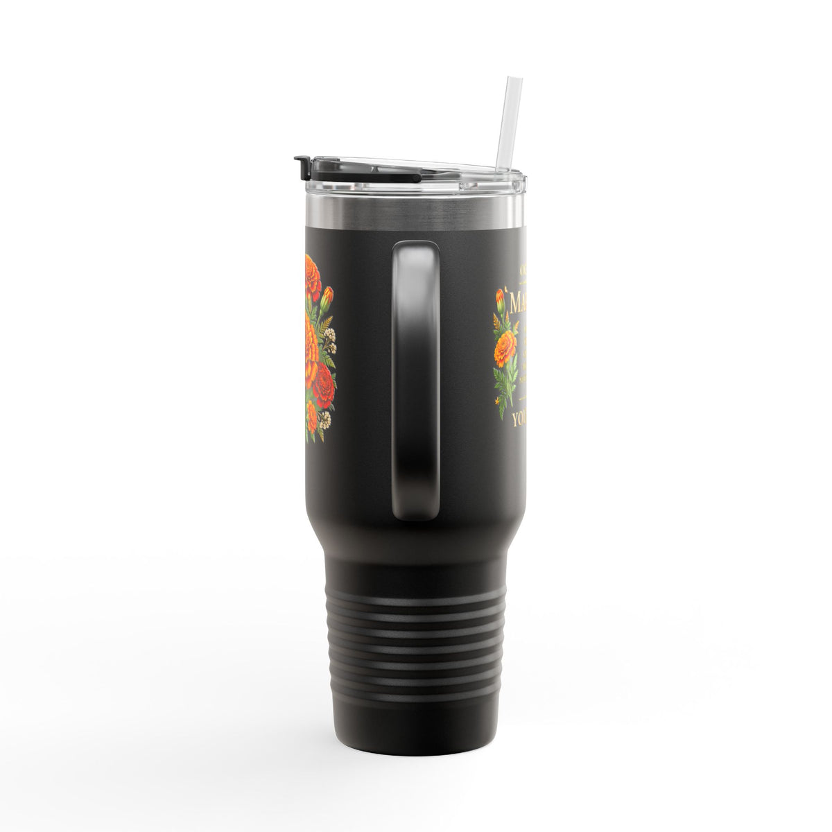 Personalized 40oz Marigold Travel Mug, October Birth Flower Tumbler - 14986