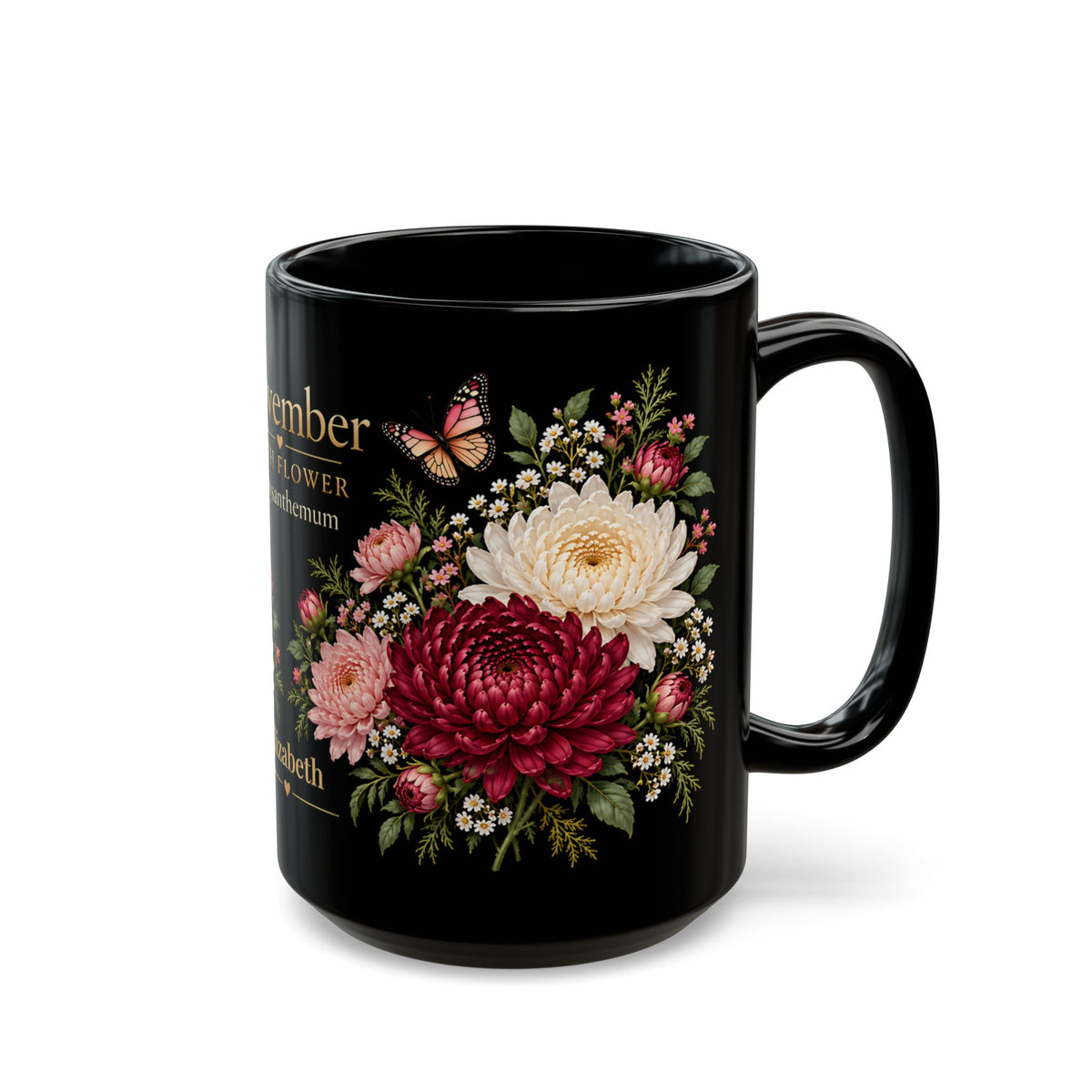 November Chrysanthemum Birth Flower Mug, Personalized Black Floral Mug - 14546