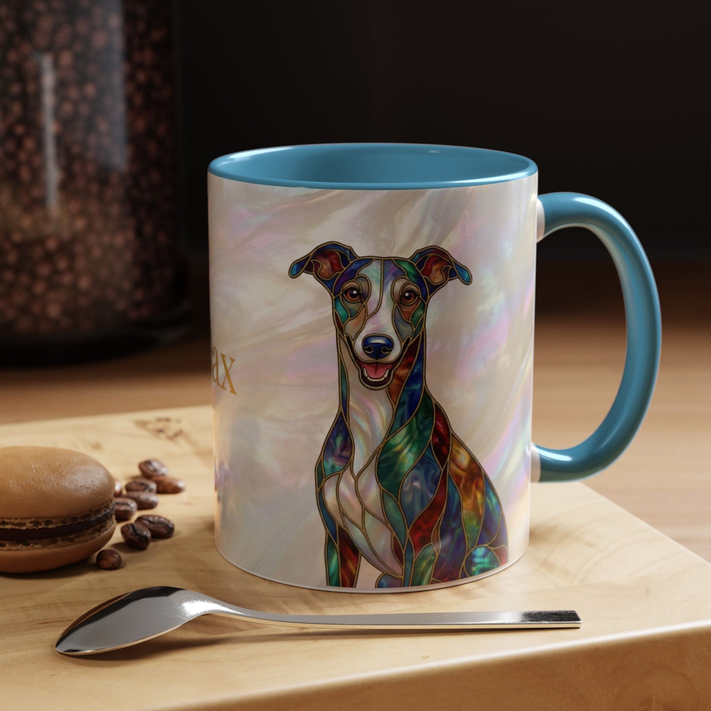 Personalized Greyhound Coffee Mug – Stained Glass Dog Accent Mug (Name Customizable)  - 14523
