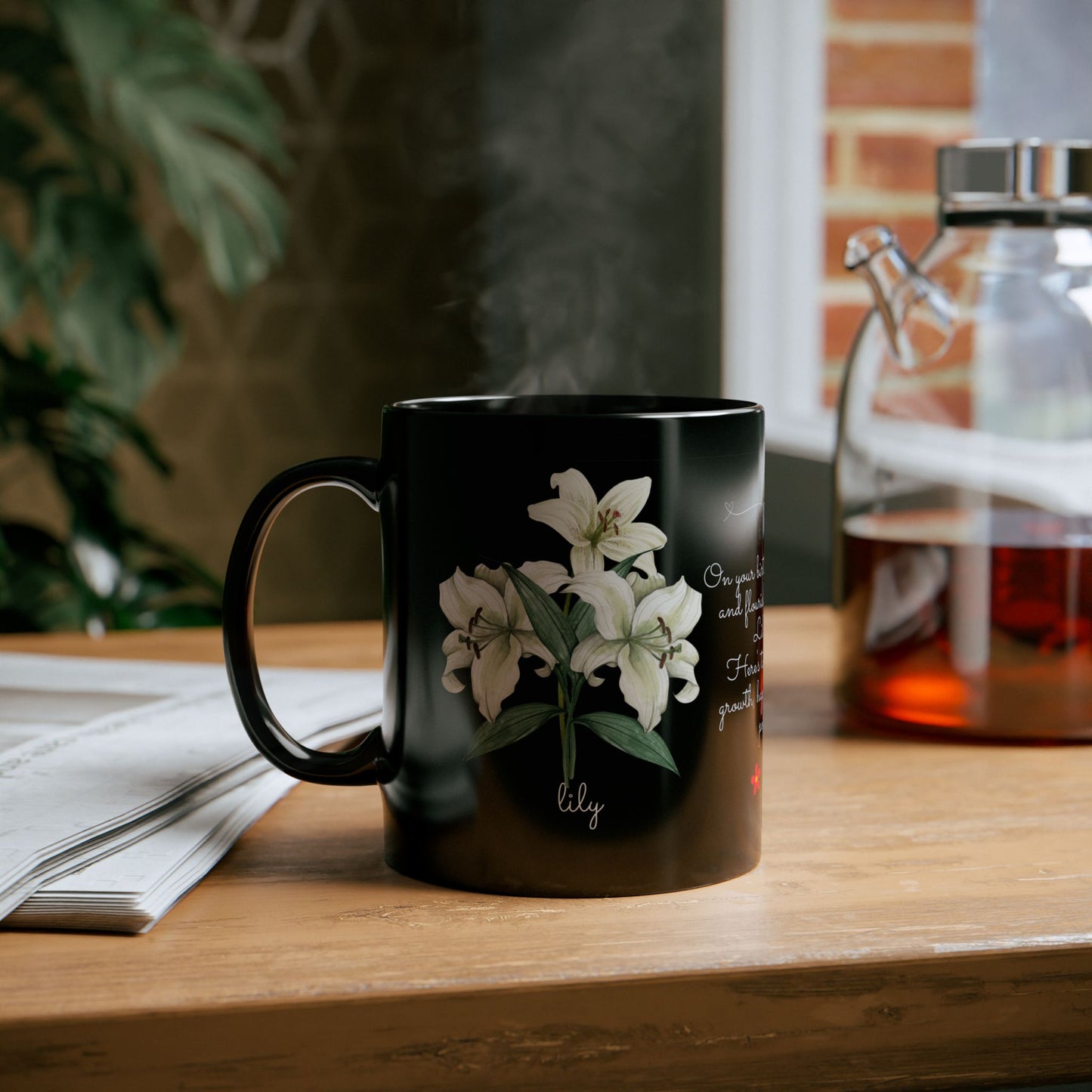 Lily & Hawthorn Birth Flowers for May - Black Mug (11oz, 15oz) - 10107