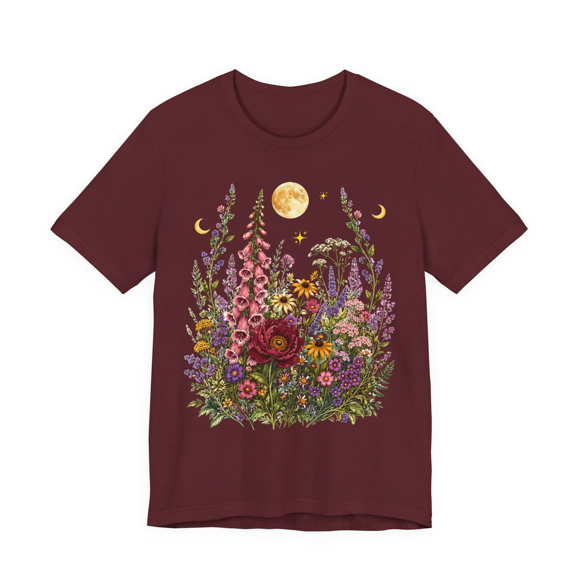 Floral Moon Garden T-Shirt, Vintage Wildflower & Celestial Graphic Tee - 14961