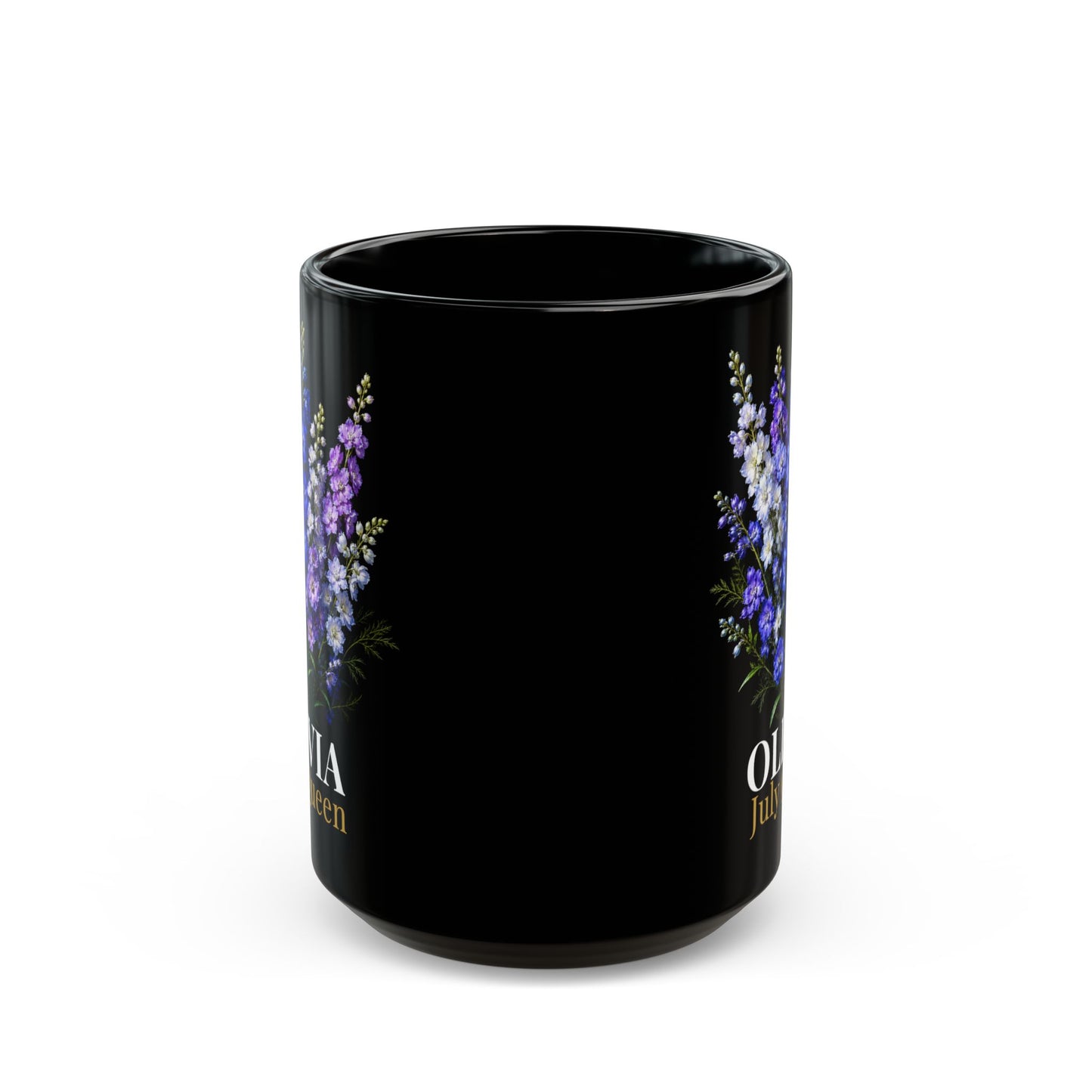 Personalized July Birth Flower Mug – Custom Name Larkspur Floral Coffee Cup, July Queen Gift for Her, Black Mug 11oz 15oz - 14907