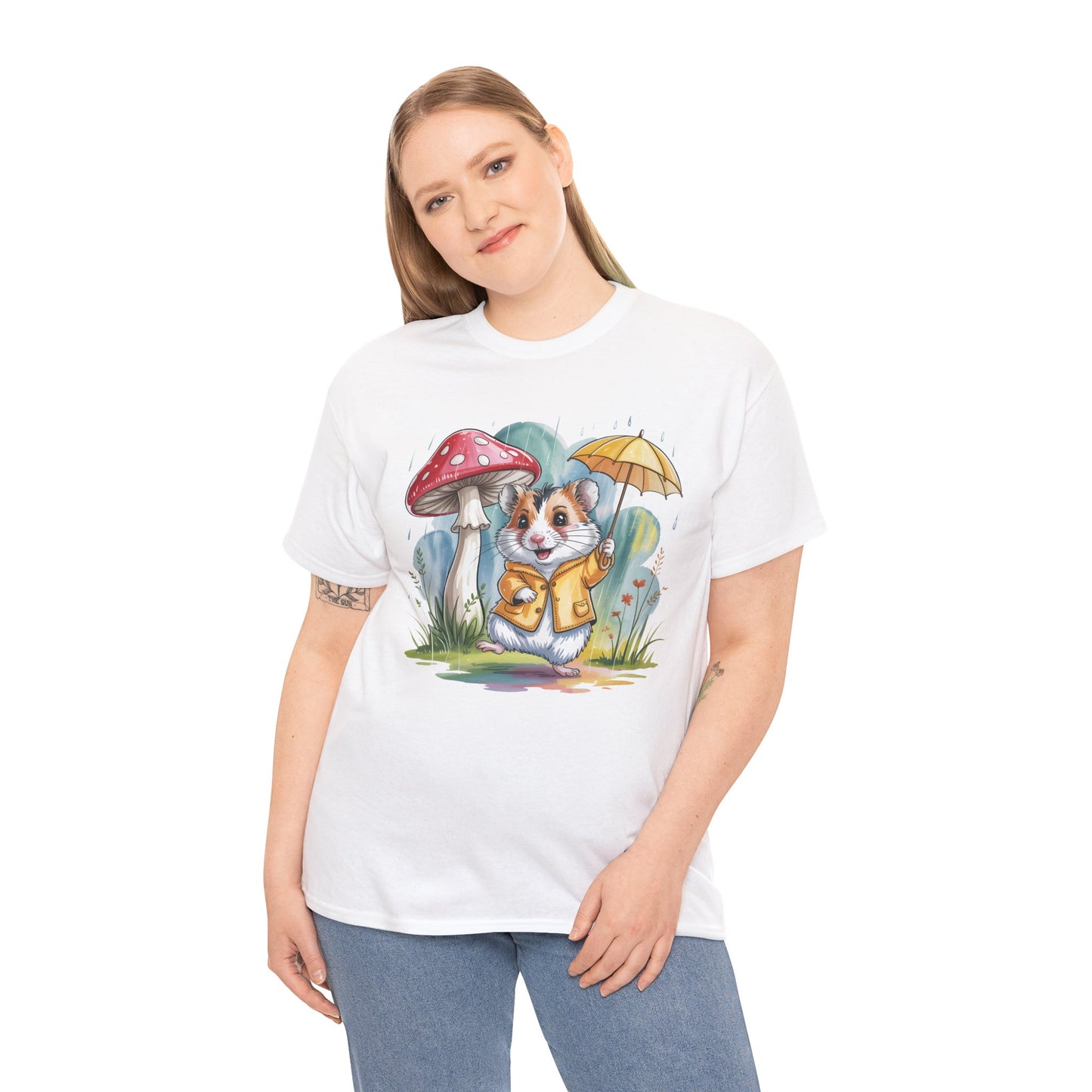 Cute Hamster T-Shirt – Raincoat Umbrella Animal Tee Watercolor Mushroom Gift - 14853