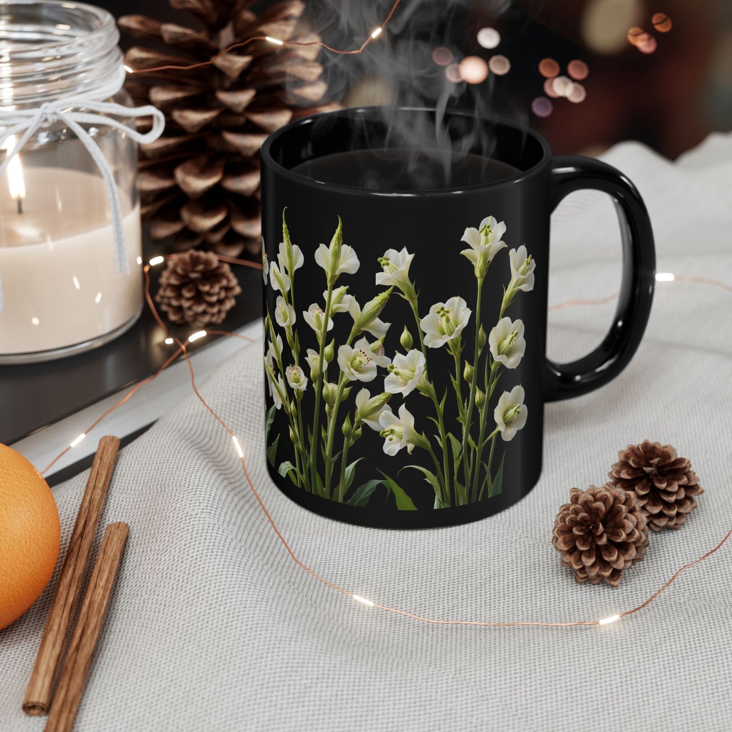 White Flowers - Black Mug (11oz, 15oz) - 10402