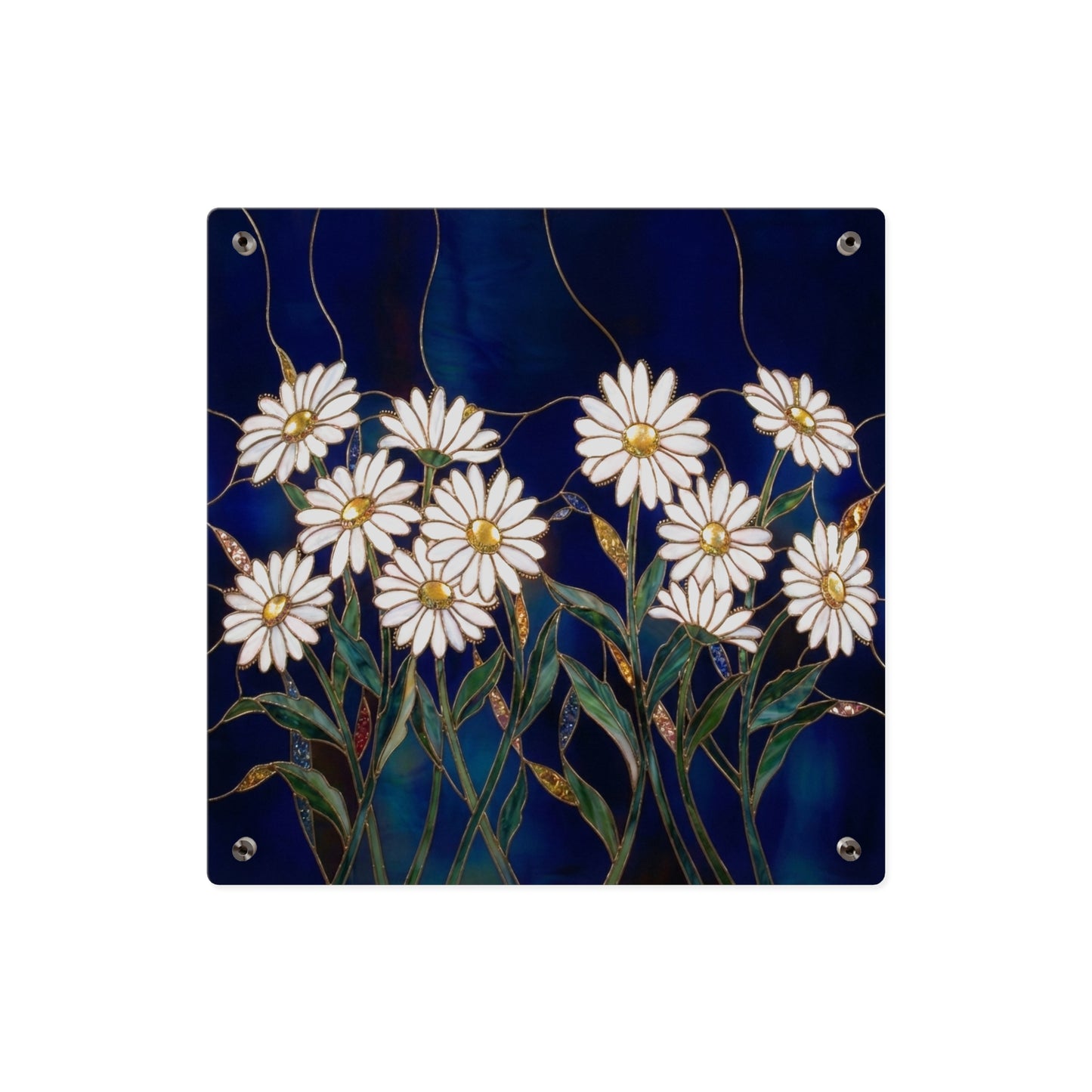 Daisy Stained-Glass Acrylic Wall Art Panel — White Daisies on Deep Blue Background - 14602