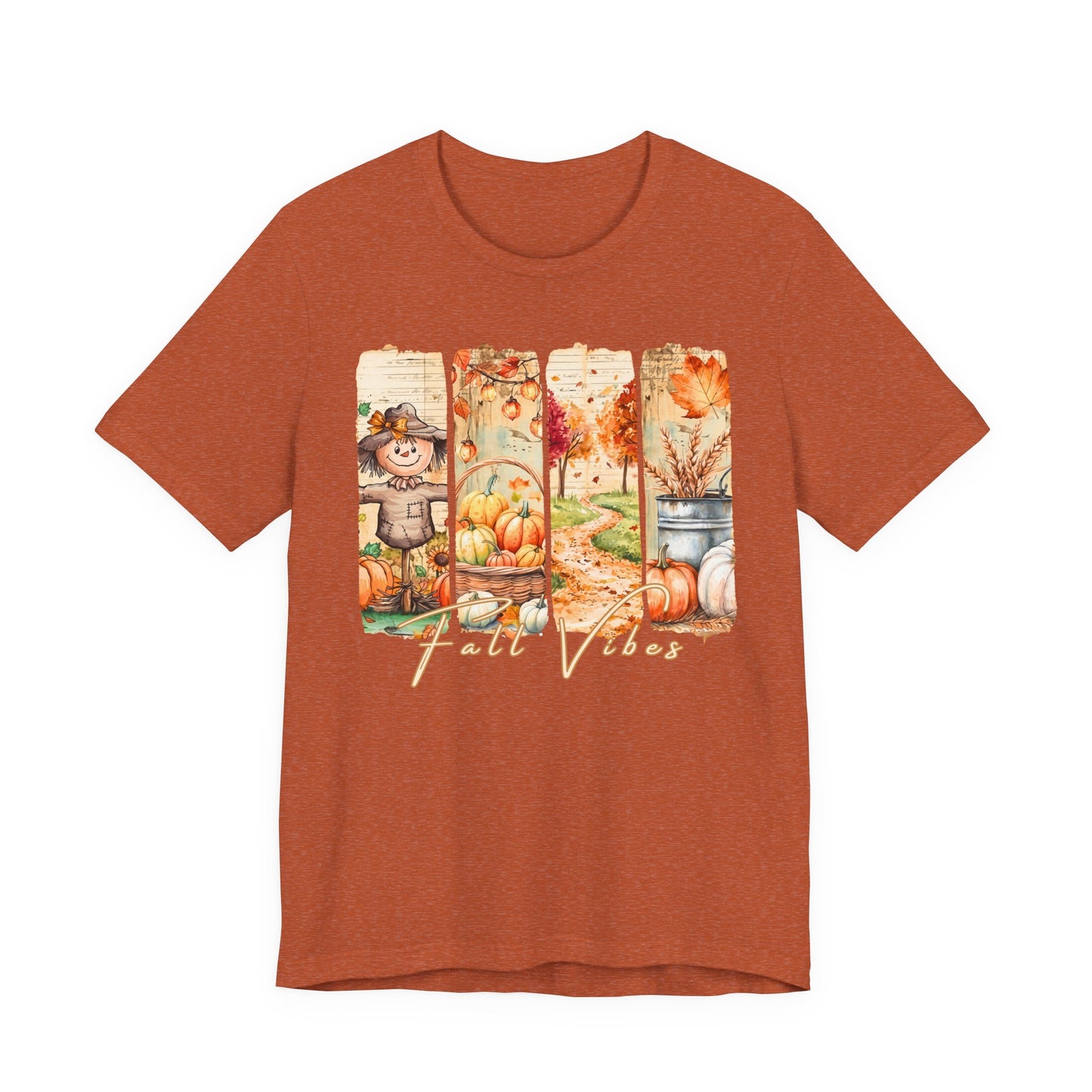 Fall Vibes T-Shirt, Autumn Pumpkin, Scarecrow & Harvest Graphic Tee - 14948