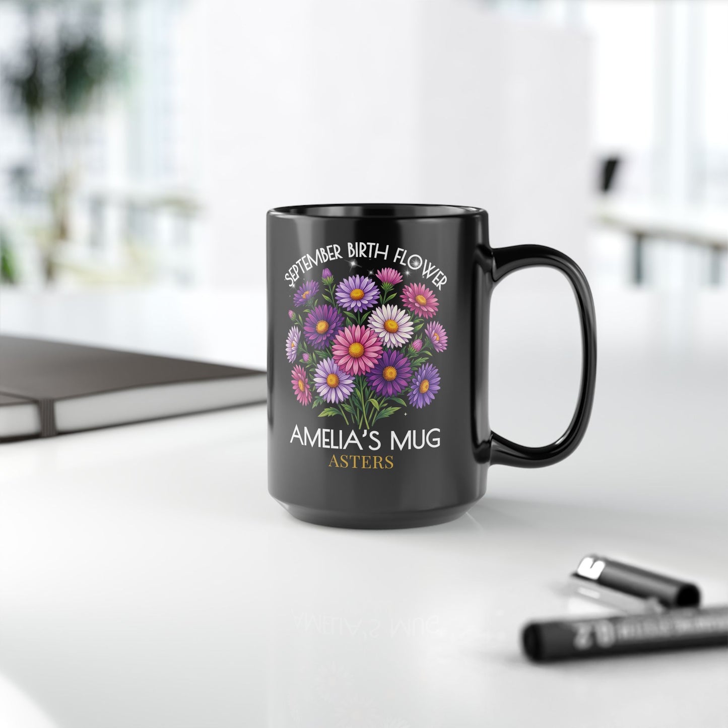 Personalized September Birth Flower Mug — Custom Name Aster Black Coffee Cup (11oz/15oz) - 14918
