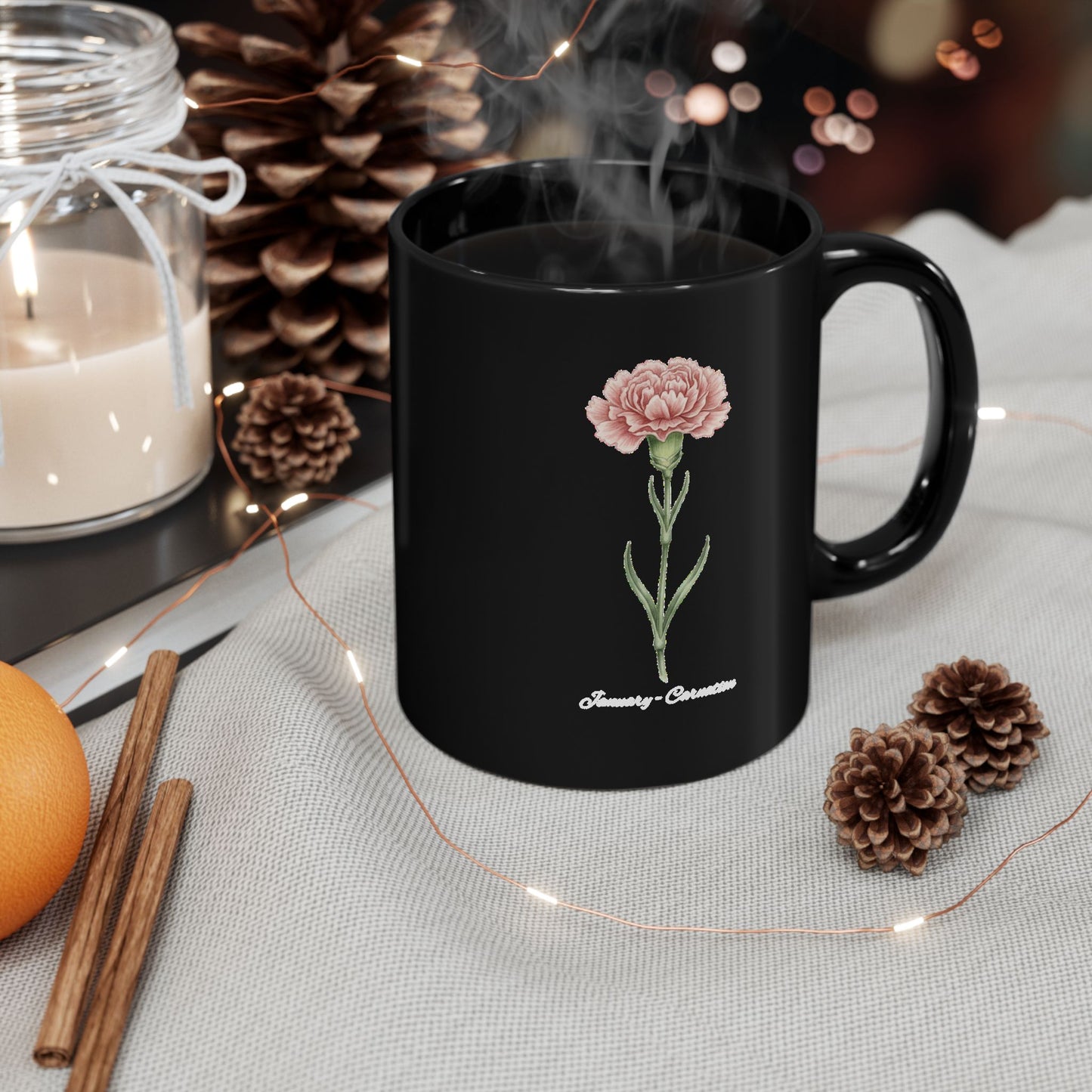January Carnation Birth Flower Black Mug – Customizable (11oz & 15oz) - 14670