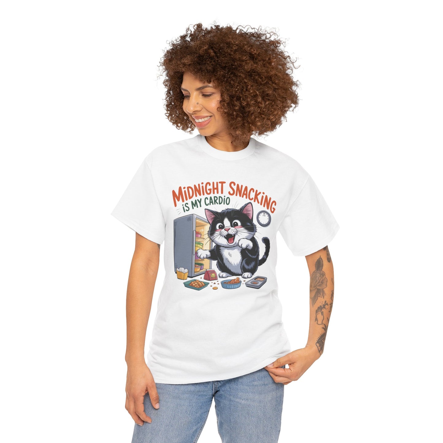 Midnight Snacking Is My Cardio T-Shirt — Funny Cat Graphic Tee, Cute Food Lover Gift - 14865