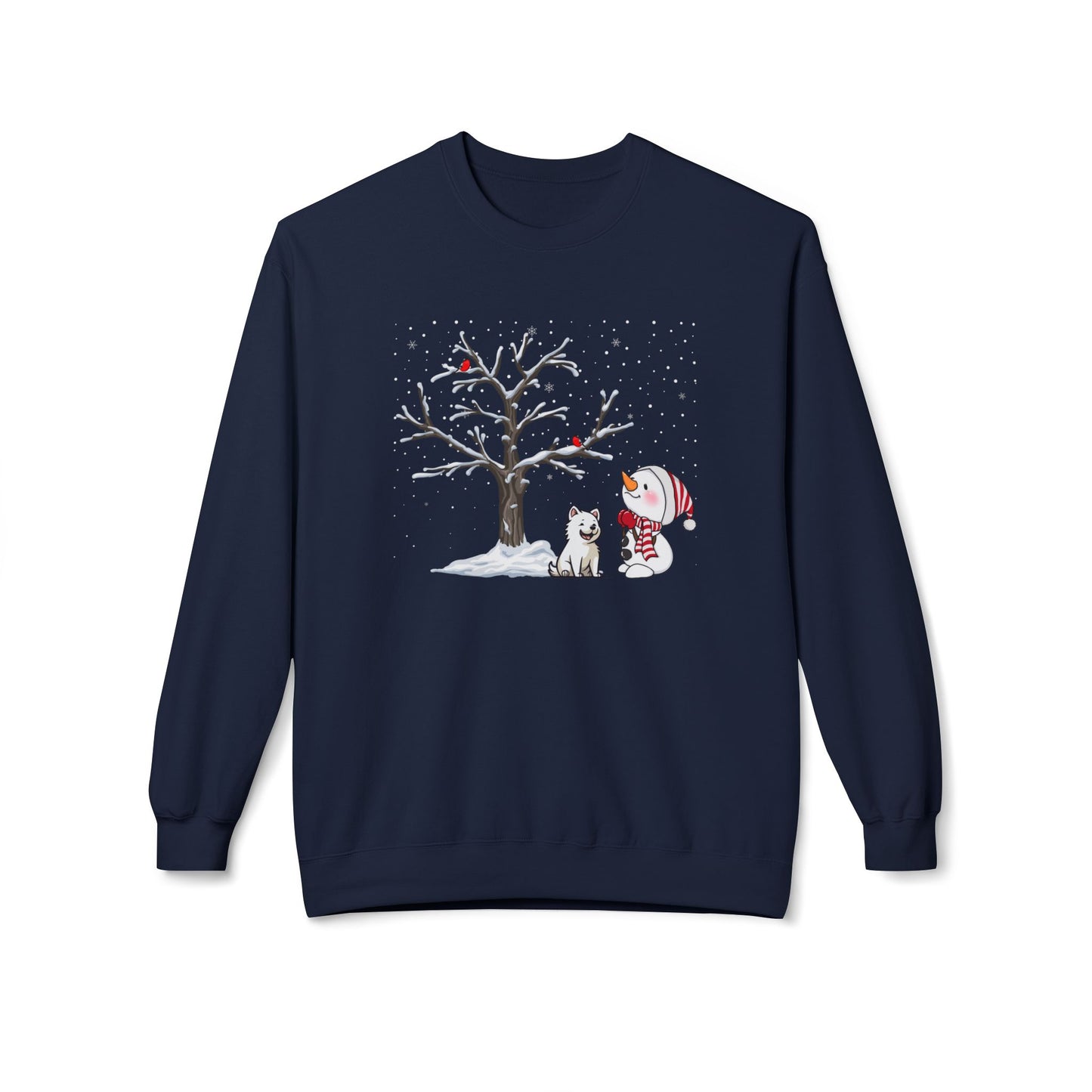 Winter Tree, Snowman & Puppy - Unisex Midweight Softstyle Fleece Crewneck Sweatshirt - 10393