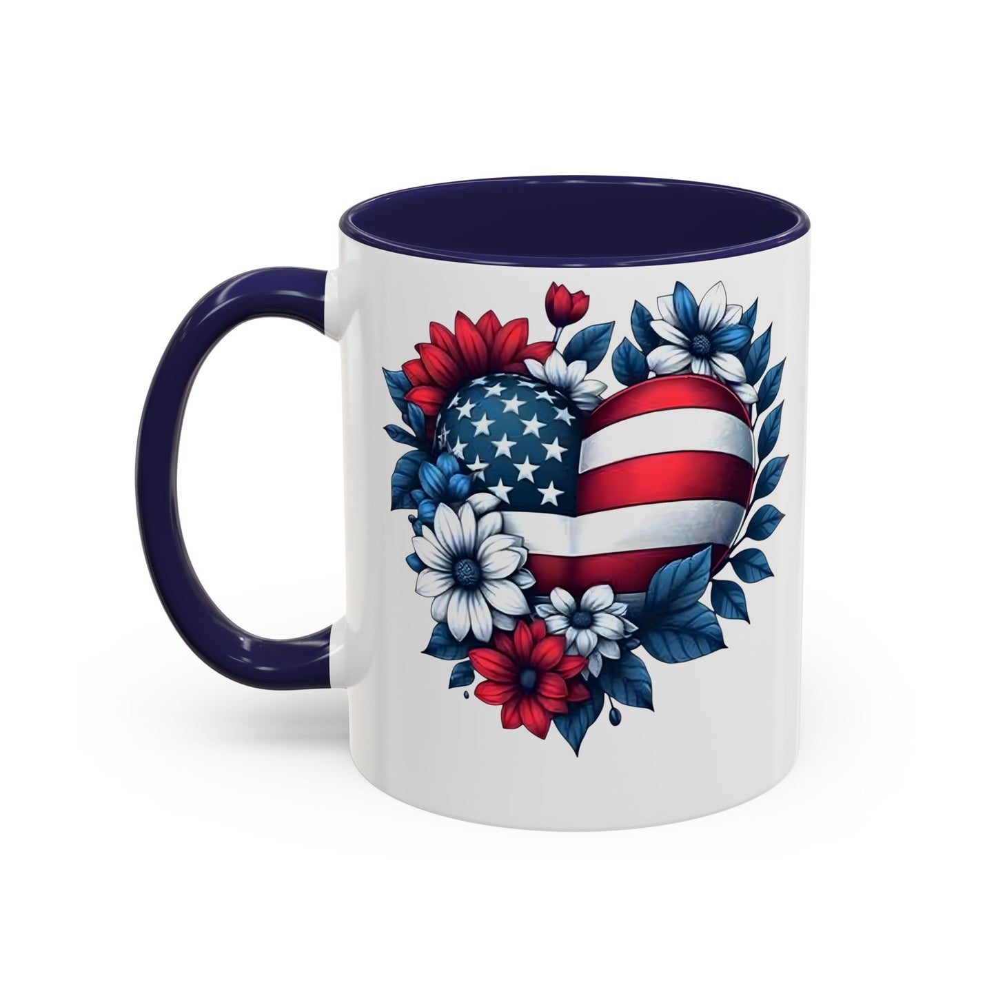 America 250th Anniversary Mug – Patriotic Heart American Flag Floral Accent Coffee Cup, USA Independence Day Gift (11oz, 15oz) - 14834