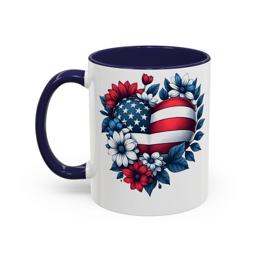 America 250th Anniversary Mug – Patriotic Heart American Flag Floral Accent Coffee Cup, USA Independence Day Gift (11oz, 15oz) - 14834