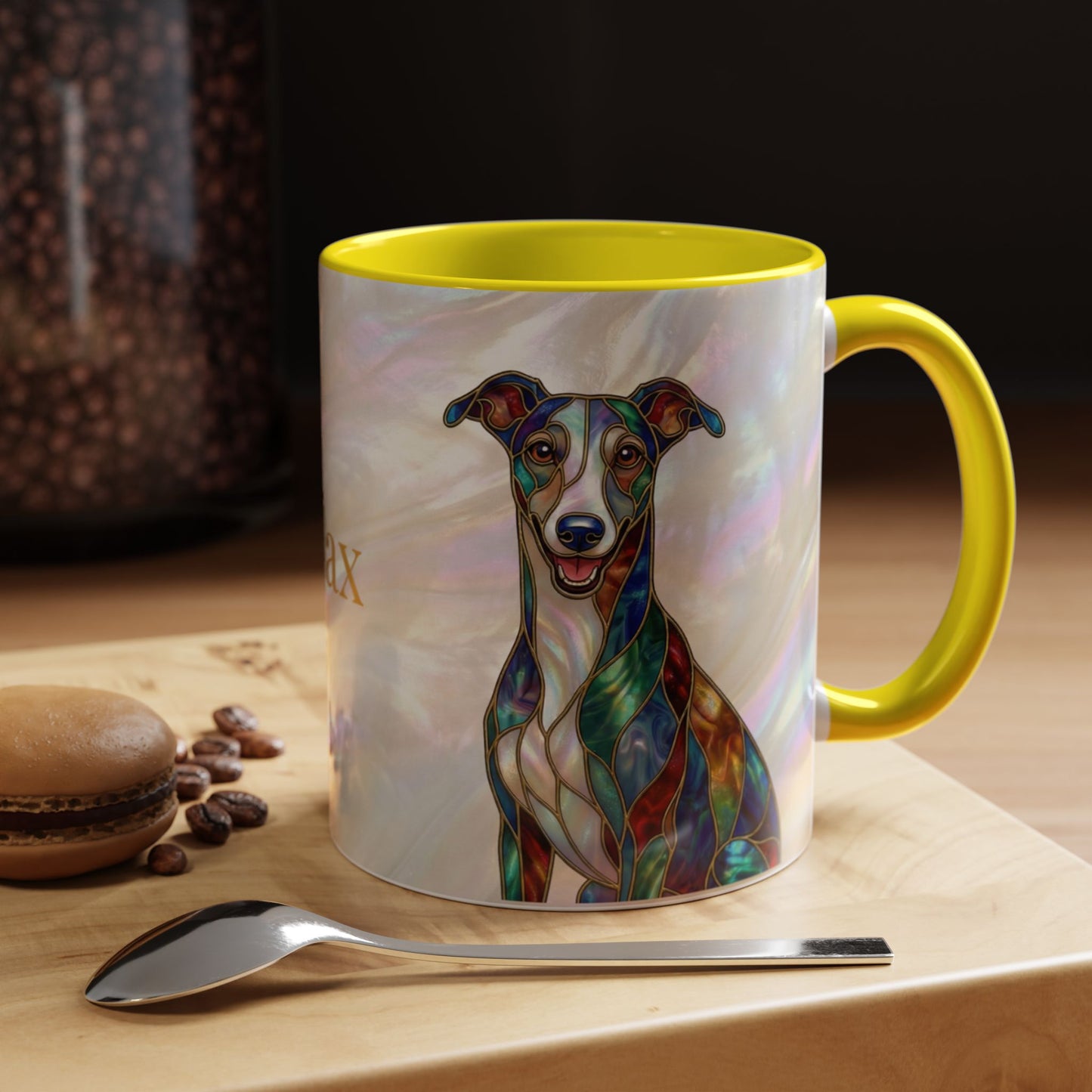 Personalized Greyhound Coffee Mug – Stained Glass Dog Accent Mug (Name Customizable)  - 14523