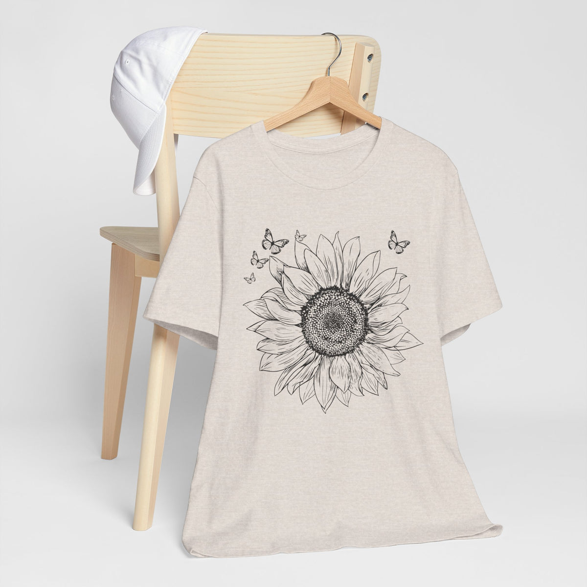 Sunflower Sketch T-Shirt, Vintage Botanical Sunflower & Butterfly Graphic Tee - 14982
